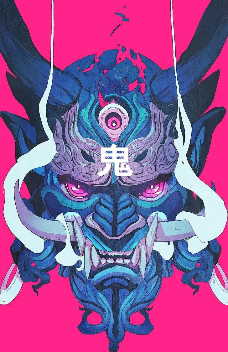 730x1130 HD wallpaper: blue and gray oni mask digital wallpaper, demon, Phone