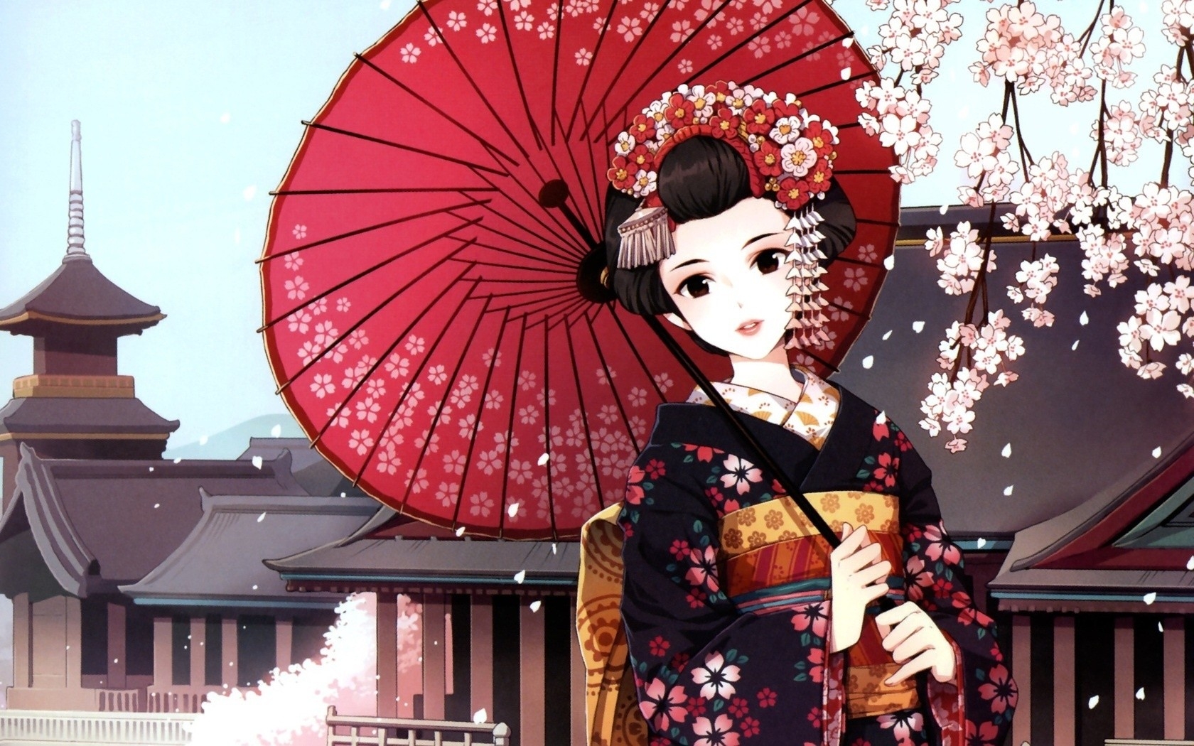 1680x1050 Wallpaper, Japan, illustration, anime girls, umbrella, original characters, cherry blossom, kimono, Person, traditional clothing, geisha, woman, profession, Desktop