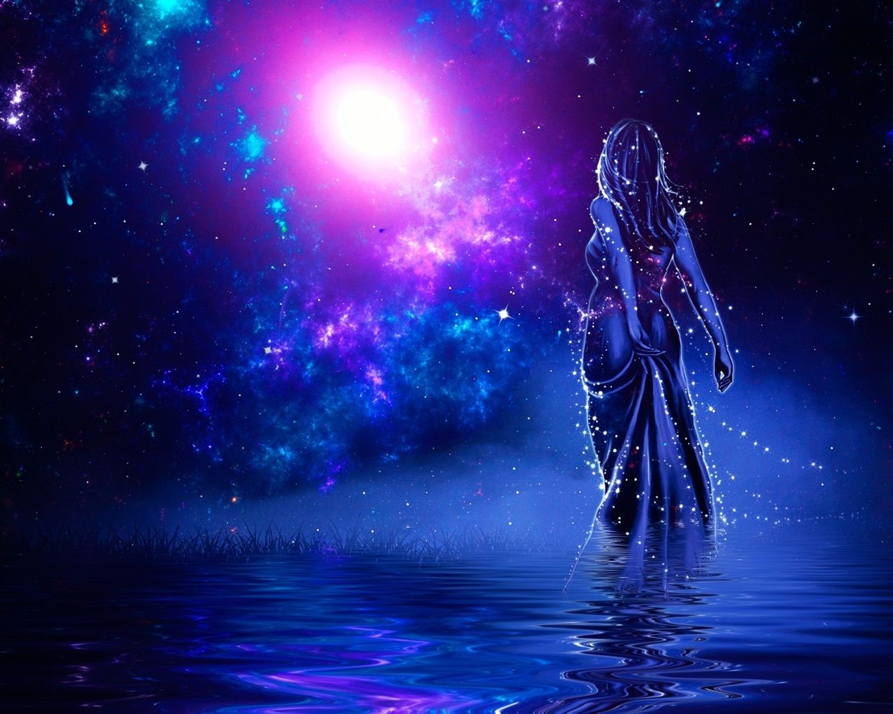 1280x1030 Wallpaper Girl back view, shine, water, stars, galaxy, art picture, Desktop