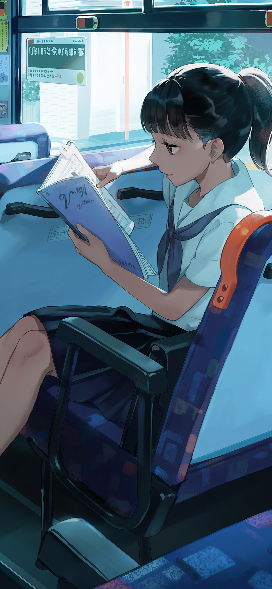 1130x2440 Anime School Girl Bus Reading Book 5k iPhone XS, iPhone iPhone X HD 4k Wallpaper, Image, Background, Photo and Picture, Phone