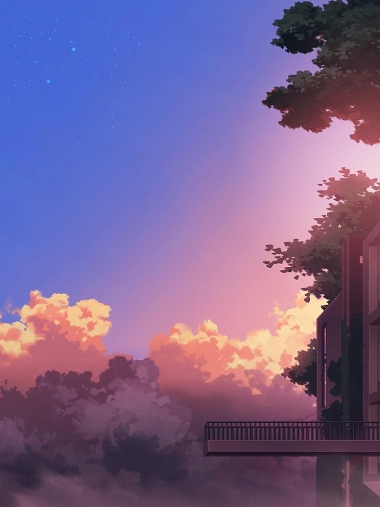 770x1030 Download  Anime Landscape, Building, Sunset, Clouds, Scenic, Phone