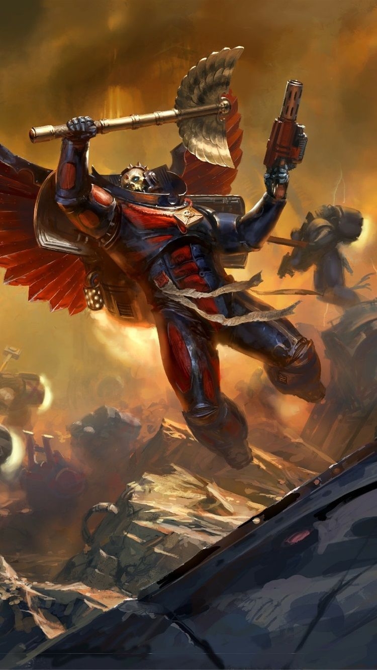 750x1340 iPhone Wallpaper Warhammer Two Warriors In Battle 40k Space Marine Vs Chaos, Phone