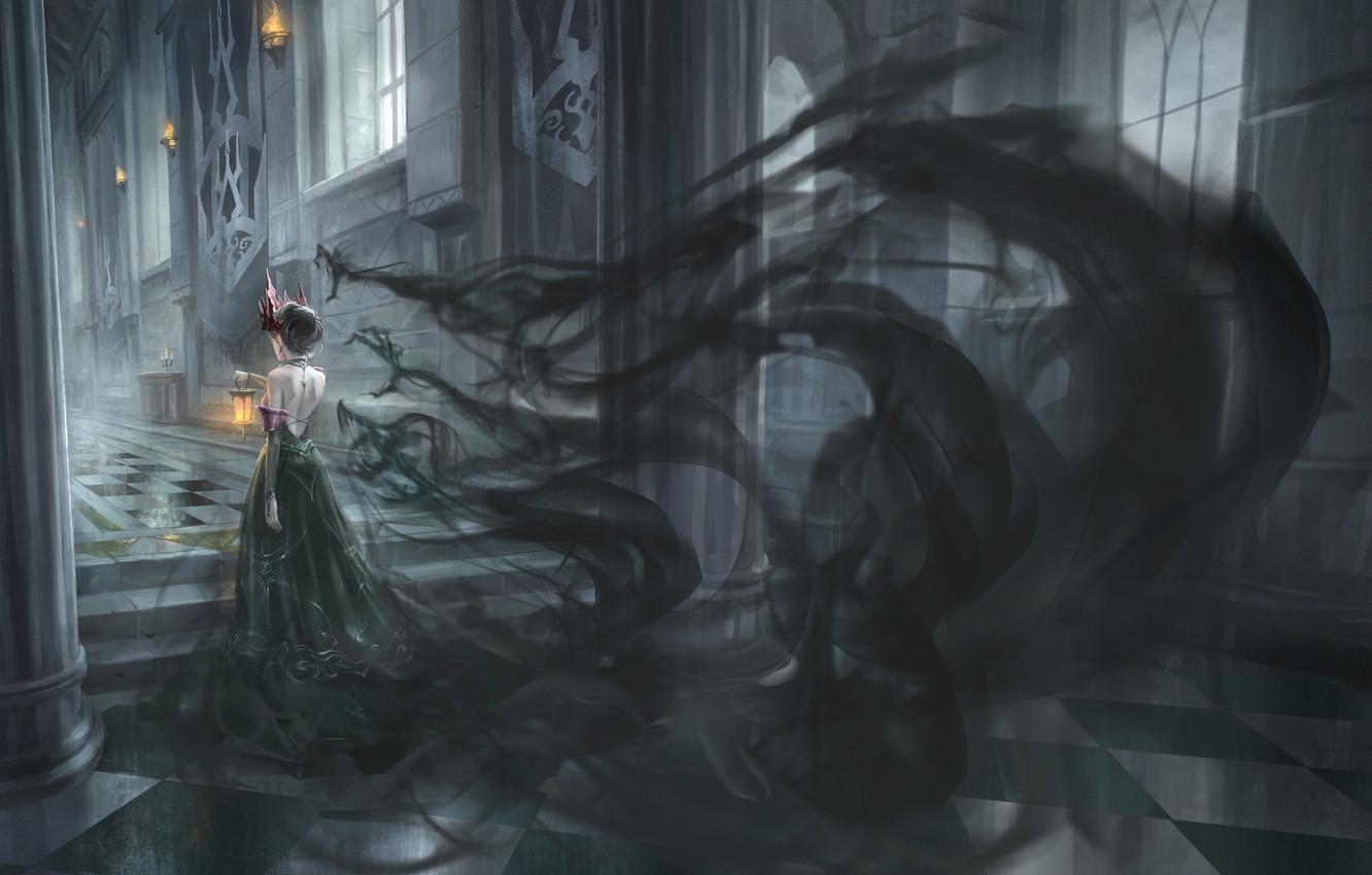 1340x850 Wallpaper girl, castle, Gothic, fantasy, black shadows image for desktop, section арт, Desktop