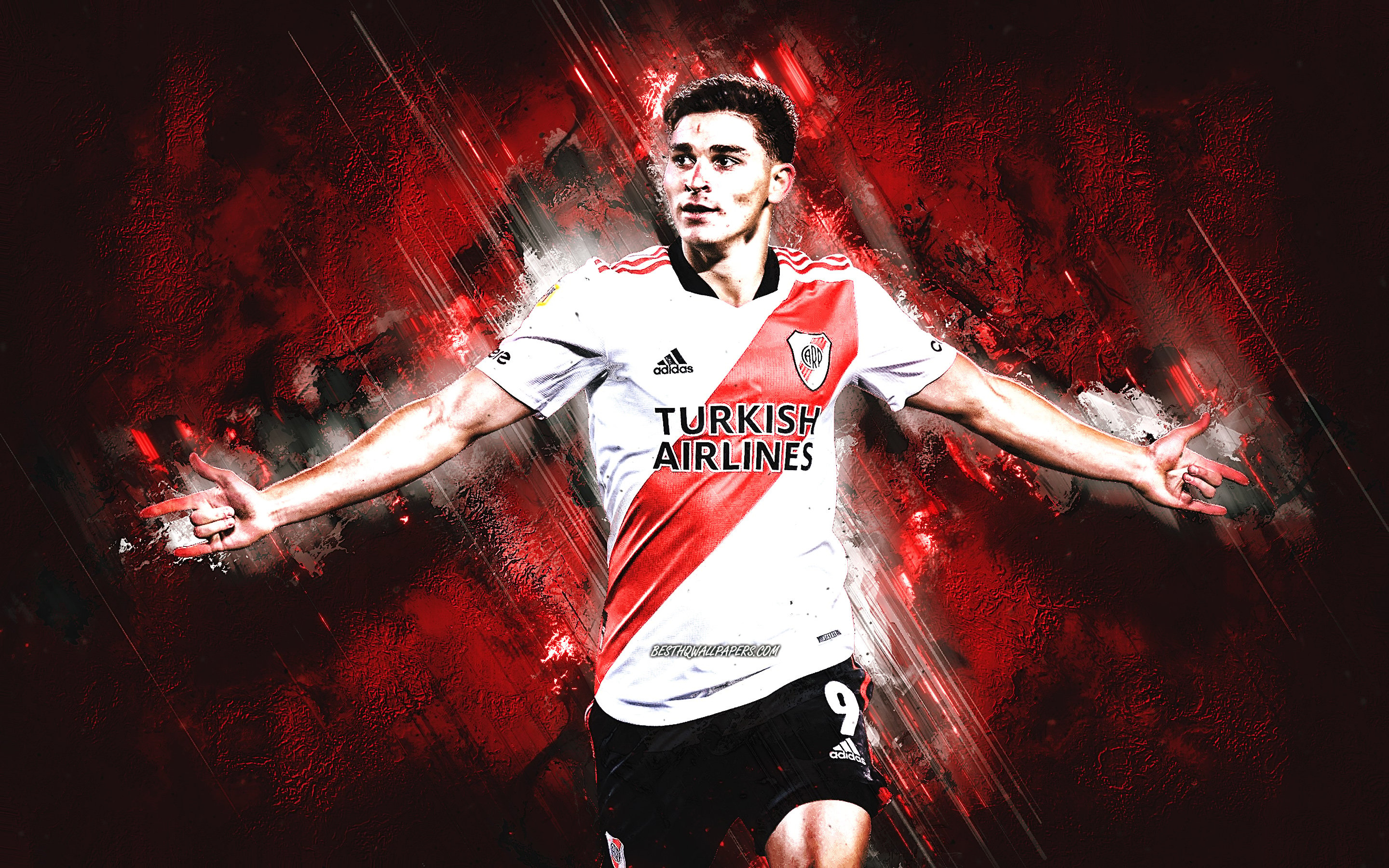 2880x1800 Download wallpaper Julian Alvarez, River Plate, Argentine football player, red stone background, Argentina, football for desktop with resolution. High Quality HD picture wallpaper, Desktop