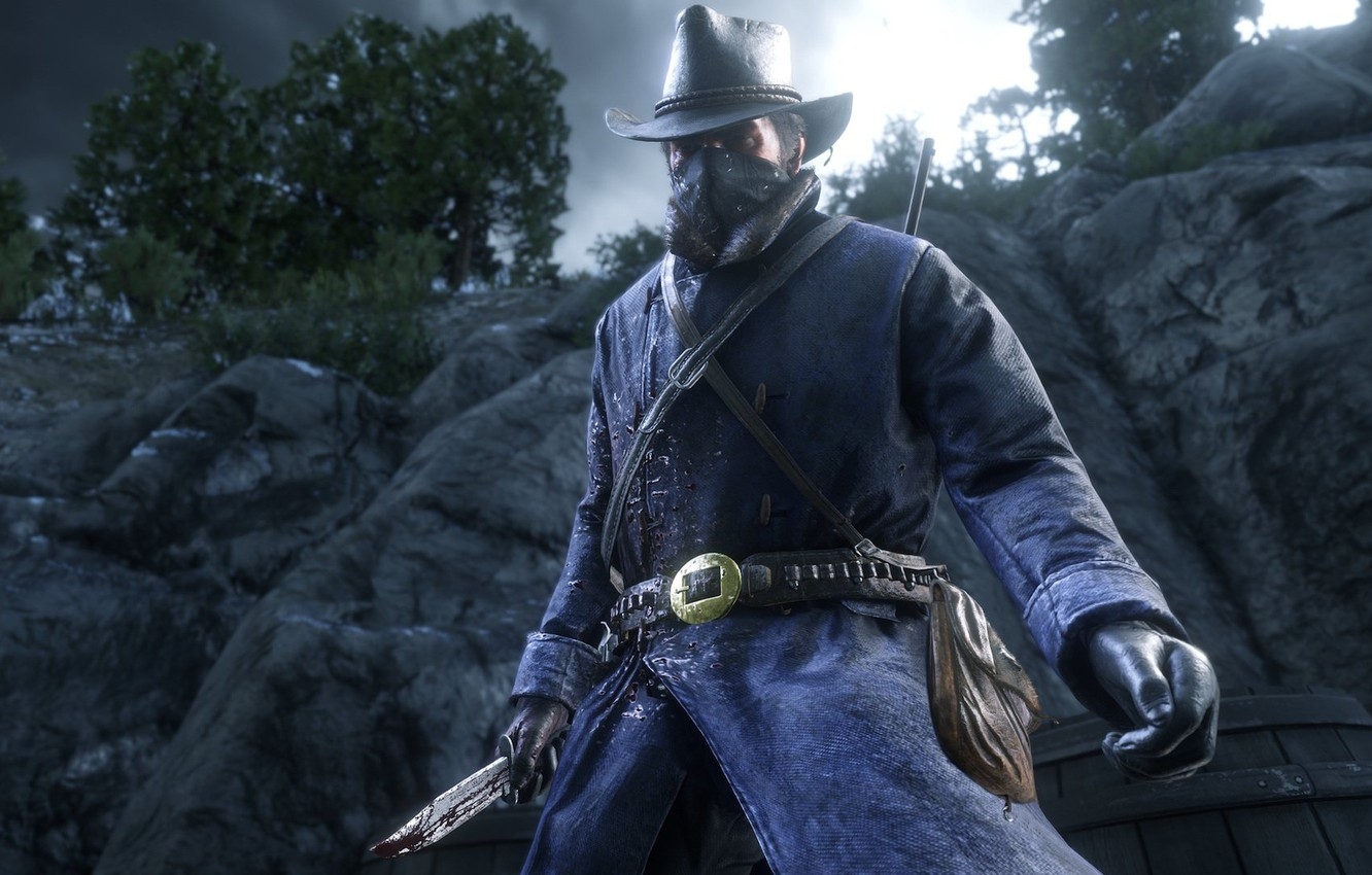 1340x850 Wallpaper mountains, hat, mask, knife, gloves, revolver, Rockstar, Bandit, Red Dead Redemption Arthur Morgan image for desktop, section игры, Desktop