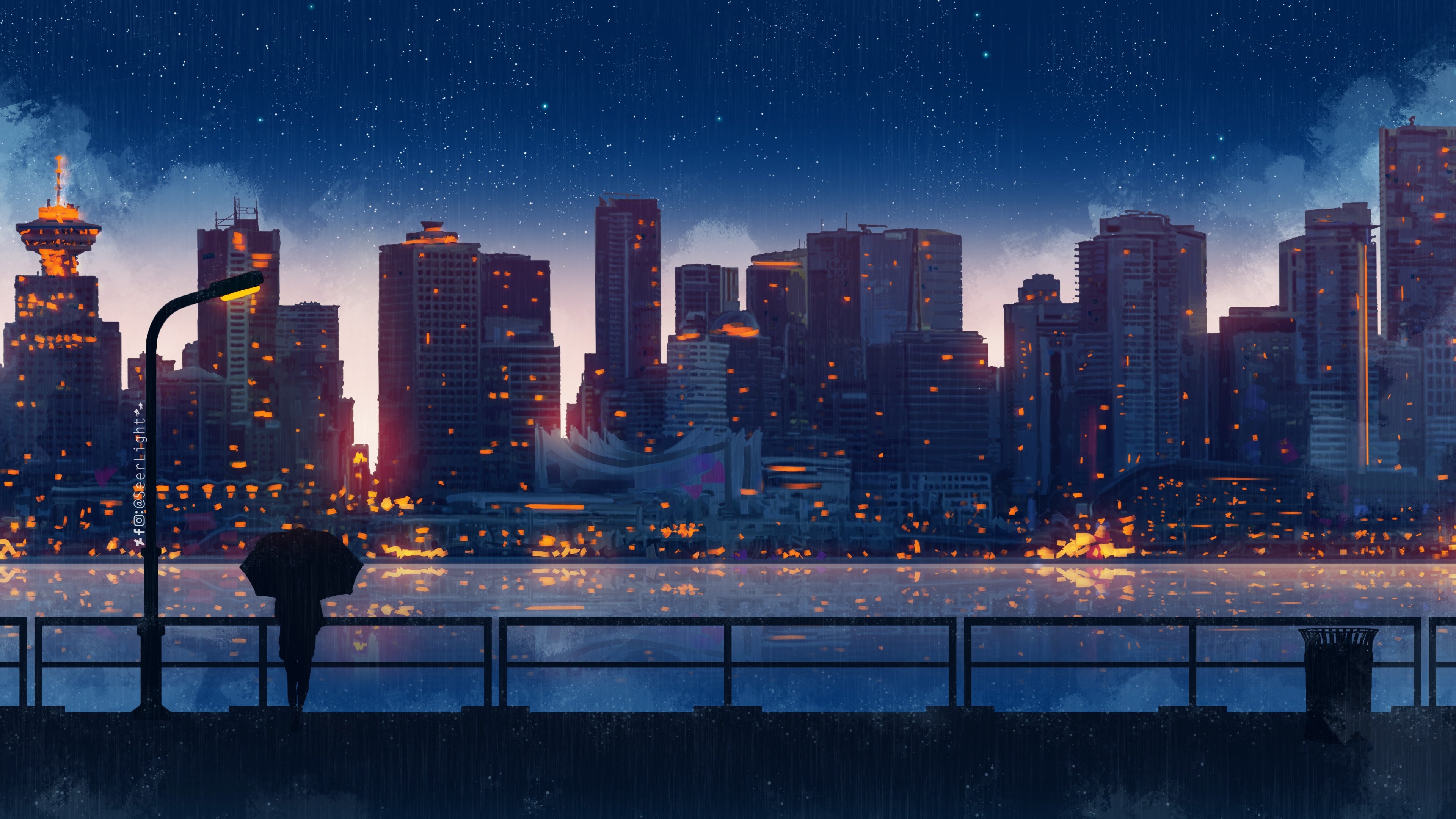 3840x2160 Anime City Lights Night Rain Umbrella Sky 5k 4k HD 4k, Desktop