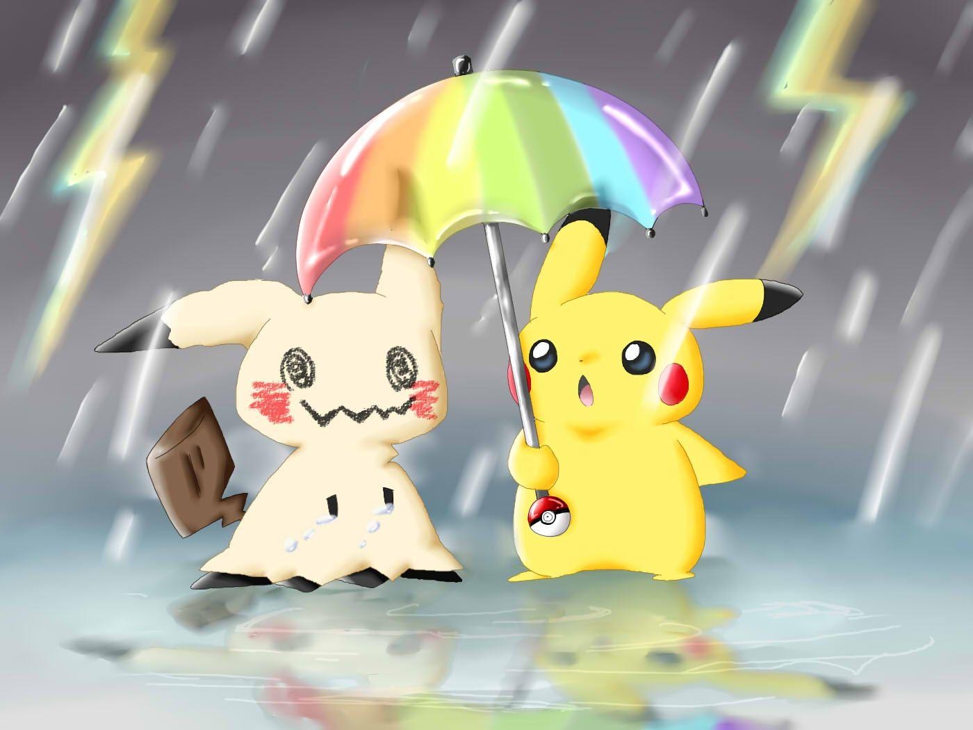 1400x1050 Pikachu protecting Mimikyu from the rain, Desktop