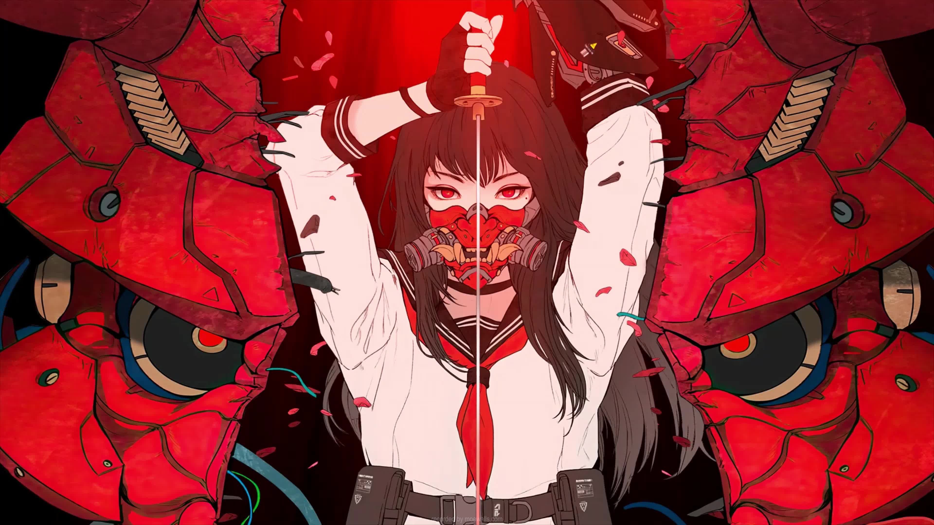 3840x2160 4K Samurai Anime Girl Oni Mask Live, Desktop