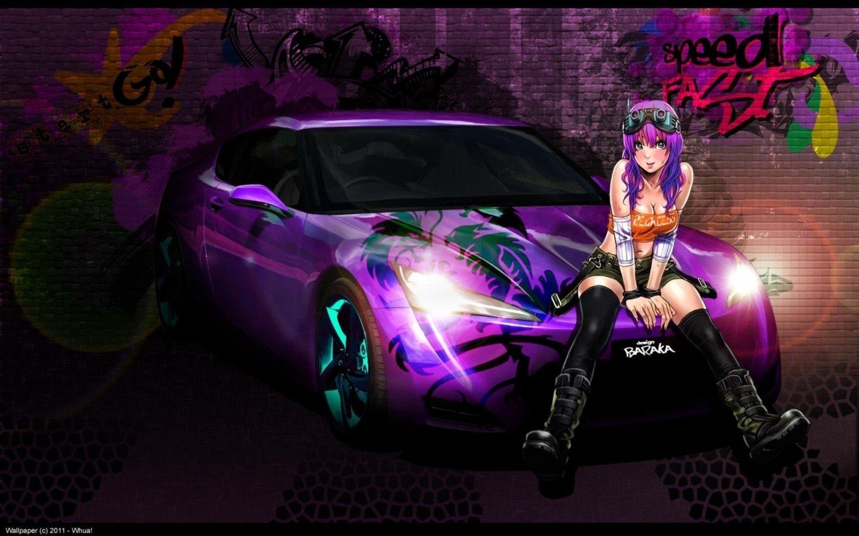 1690x1060 Wall cars purple cleavage graffiti Yamashita Shunya purple hair, Desktop