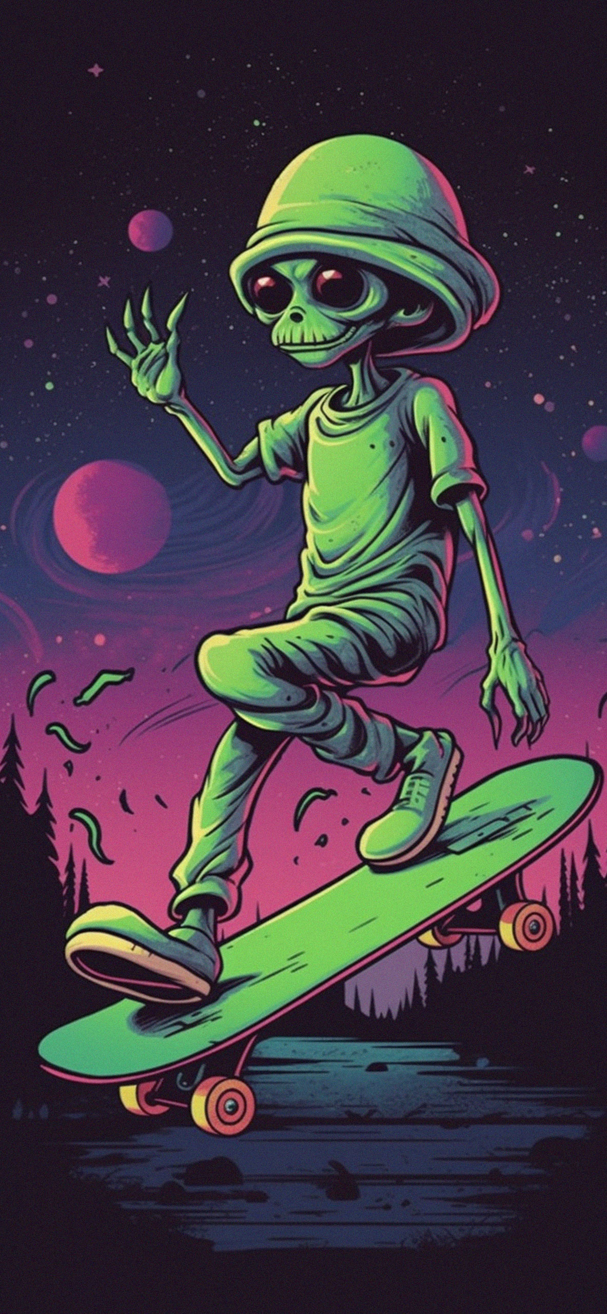 1190x2560 Alien Skater Cartoon Wallpaper, Phone