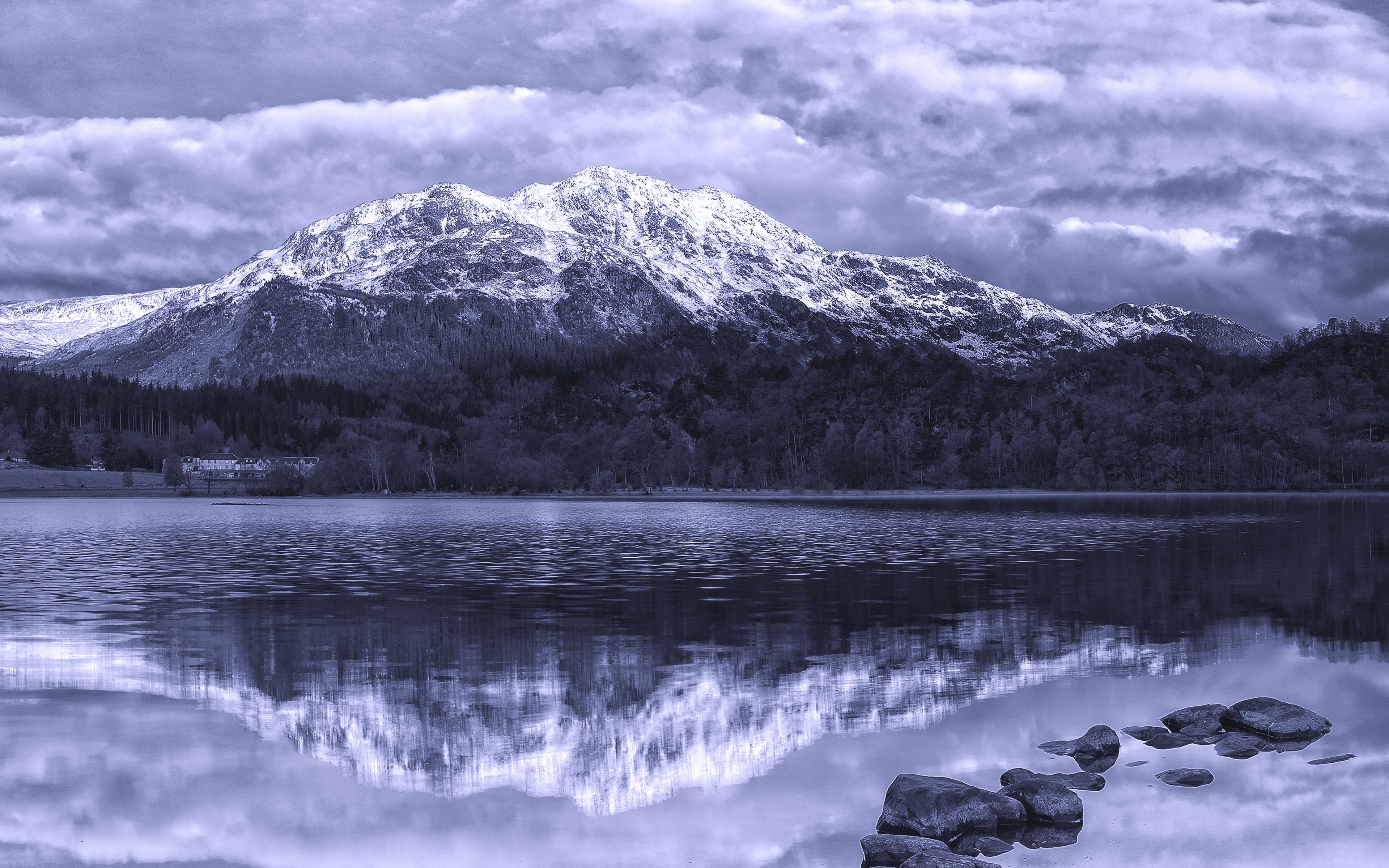 3840x2400 Download wallpaper  mountains, stones, sea, scotland, ben venue, achray forest, black and white, bw 4k ultra HD 16:10 HD background, Desktop