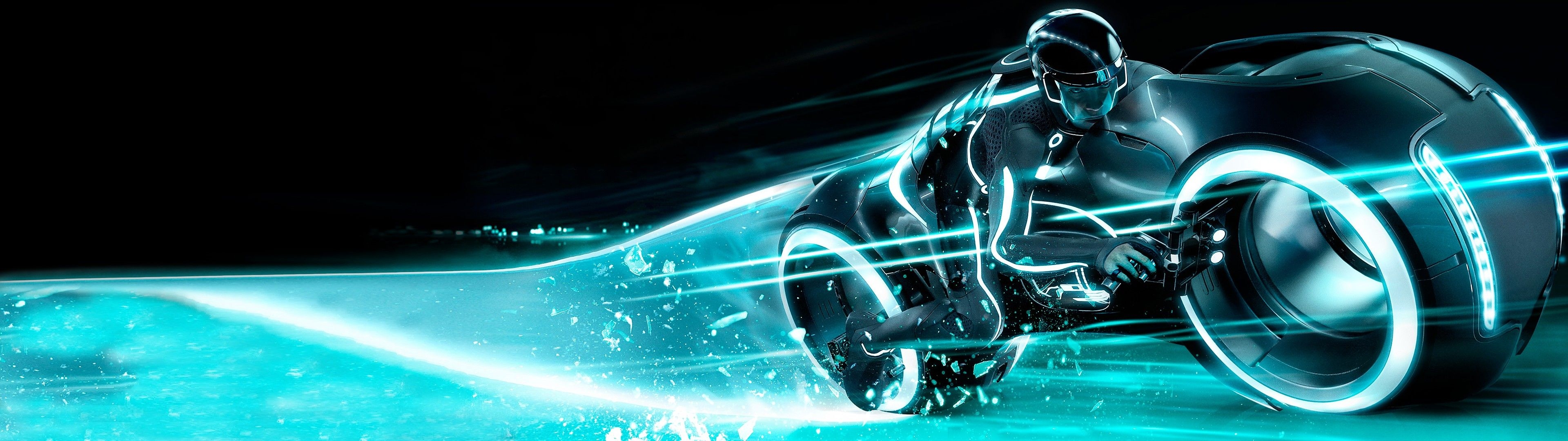 3840x1080 #Light Cycle, #movies, #Tron: Legacy, #digital art, #Tron, wallpaper HD Wallpaper, Dual Screen