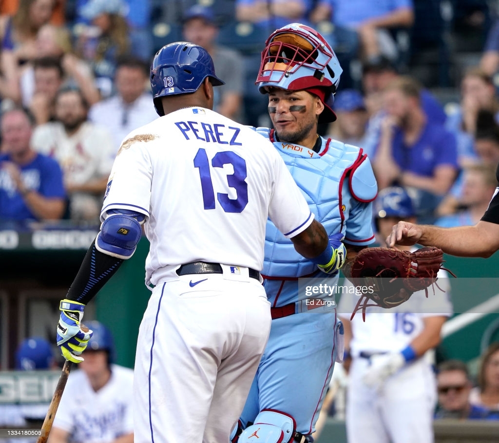 1030x920 Salvador Perez of the Kansas City Royals greets Yadier Molina of the. News Photo, Desktop