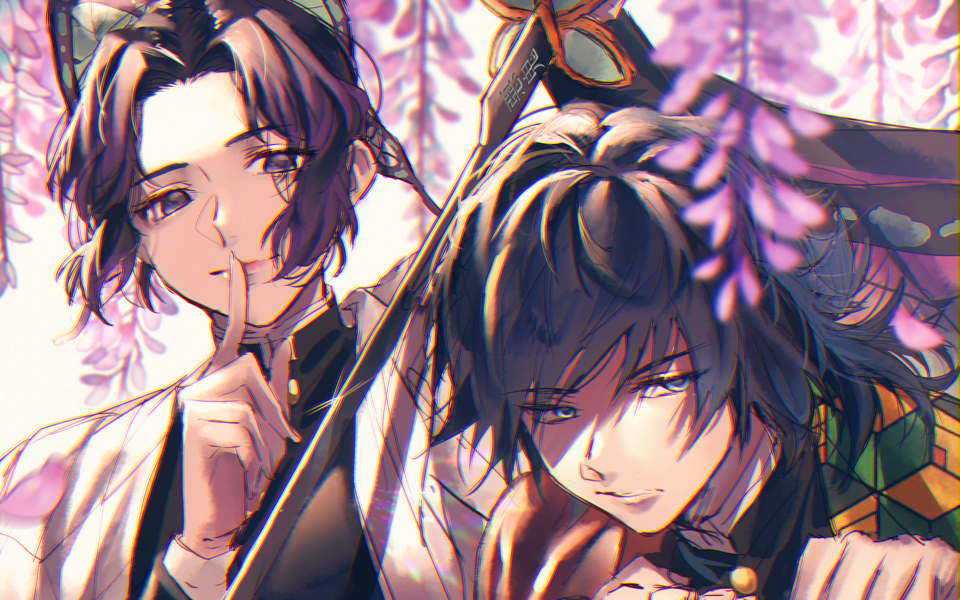 1920x1200 Download wallpaper Kochou Shinobu, Tomioka Giyuu, spring, Demon Hunter, kimono, Kimetsu no Yaiba, Demon Slayer, manga, Shinobu Kocho, Giyu Tomioka for desktop with resolution. High Quality HD picture wallpaper, Desktop