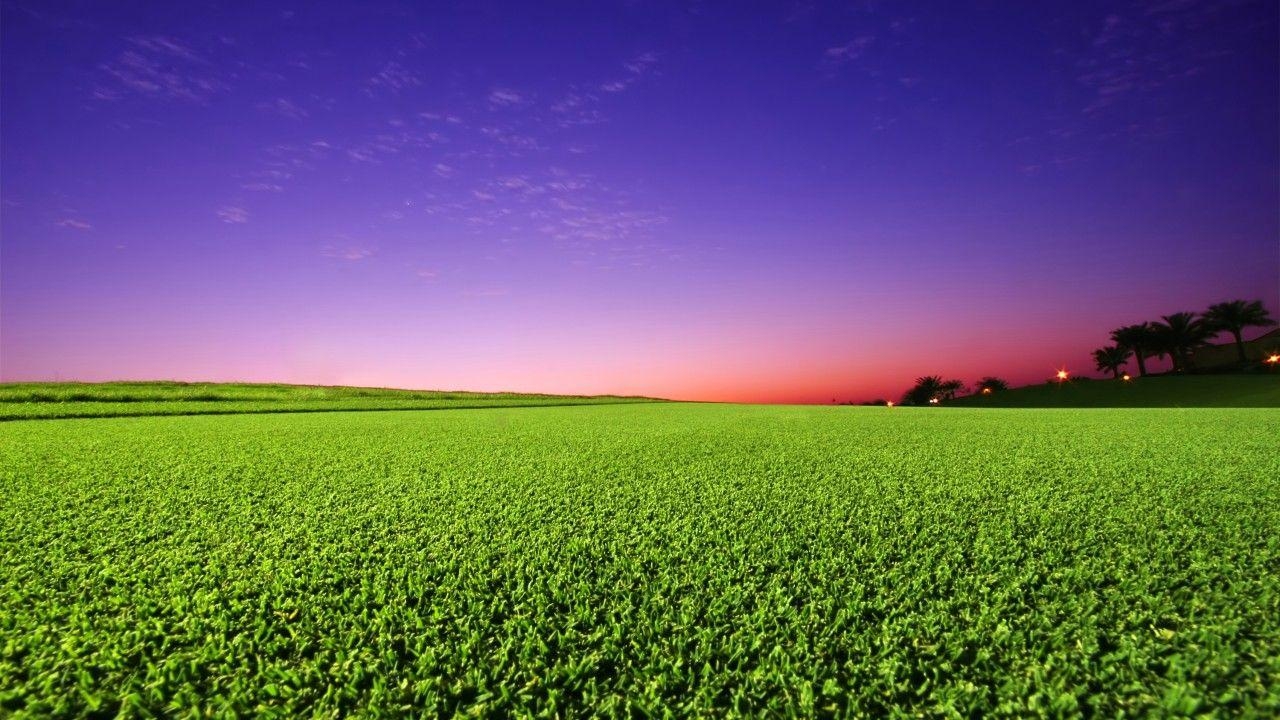 1280x720 Wallpaper Golf course, Green grass, Sunset, HD, Nature, Desktop