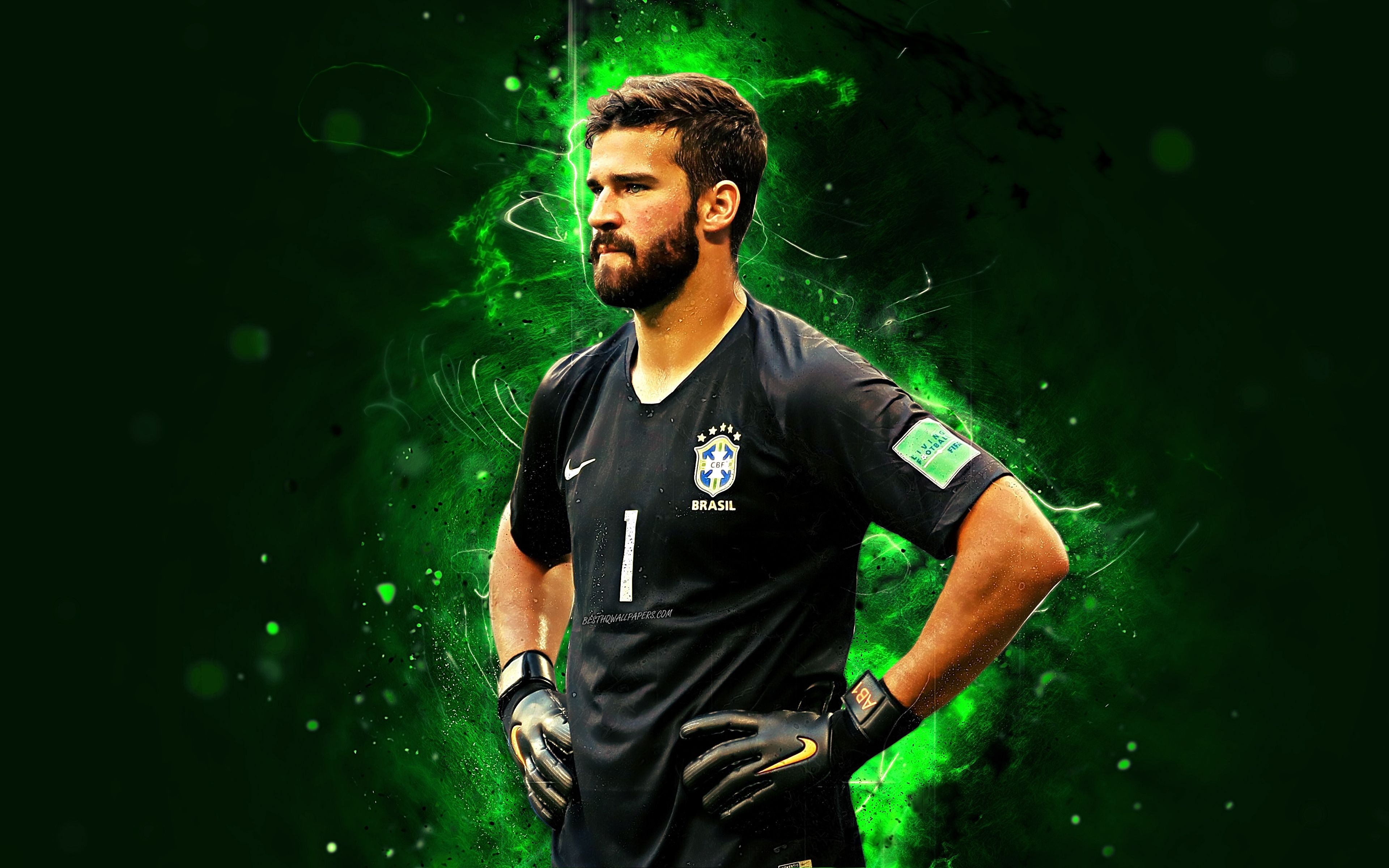 3840x2400 Download wallpaper 4k, Alisson, abstract art, goalkeeper, Brazil National Team, fan art, Alisson Ramses Becker, soccer, footballers, neon lights, football stars, Brazilian football team for desktop with resolution. High Quality HD, Desktop