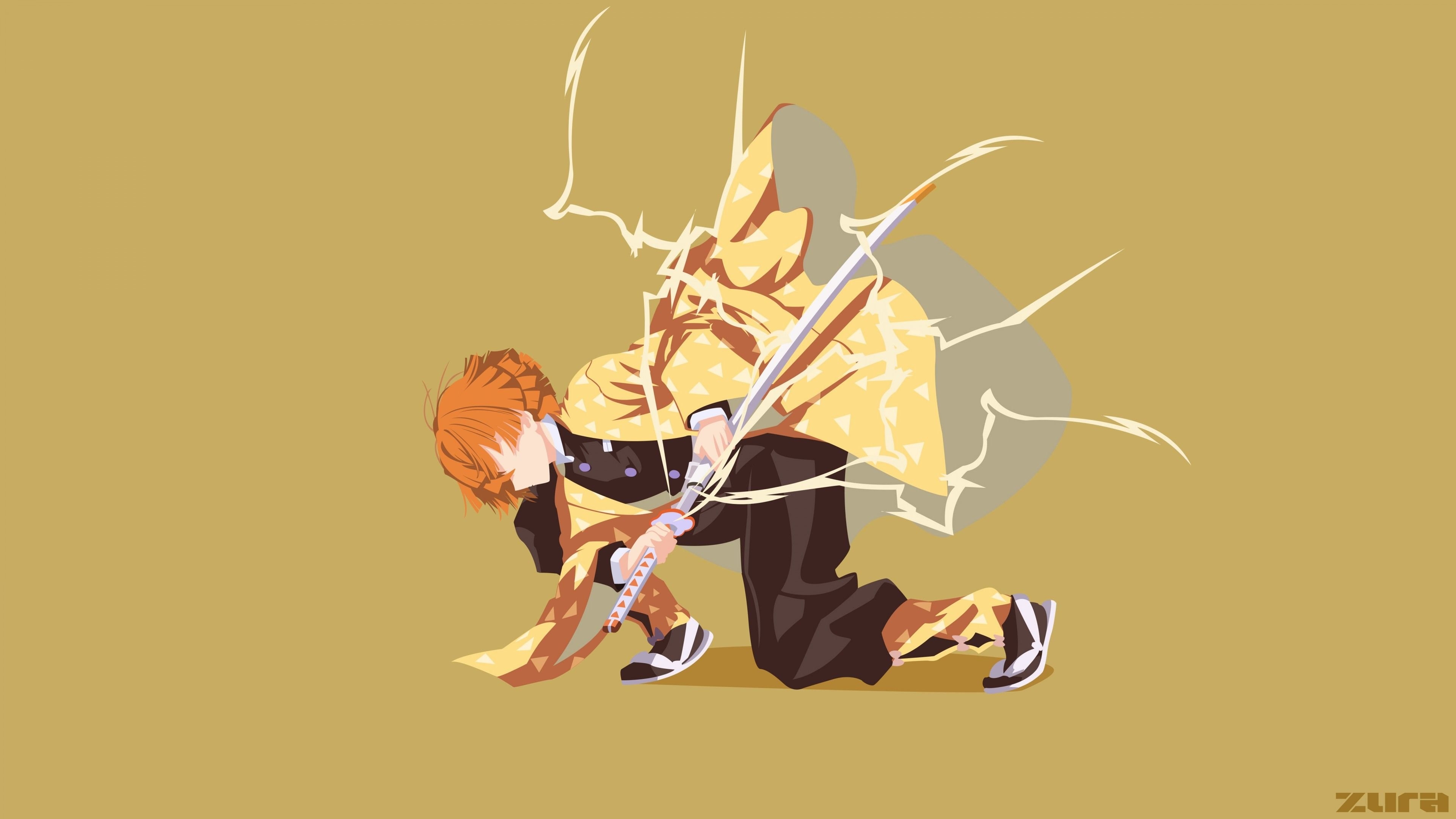 3840x2160 Demon Slayer Zenitsu Agatsuma With Background Of Dark Yellow 4K 5K HD Anime Wallpaper, Desktop