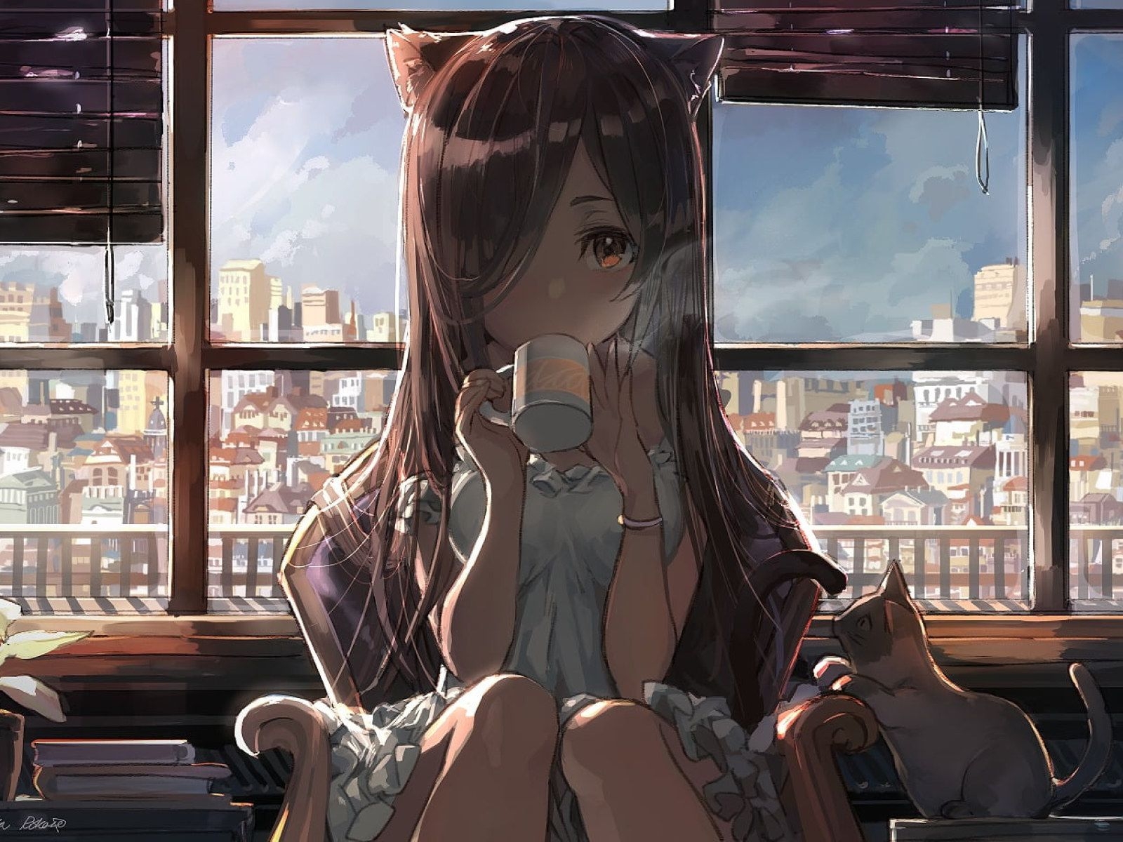 1600x1200 Brown Haired Girl Drinking Coffee Animated Character Wallpaper • Wallpaper For You, Desktop