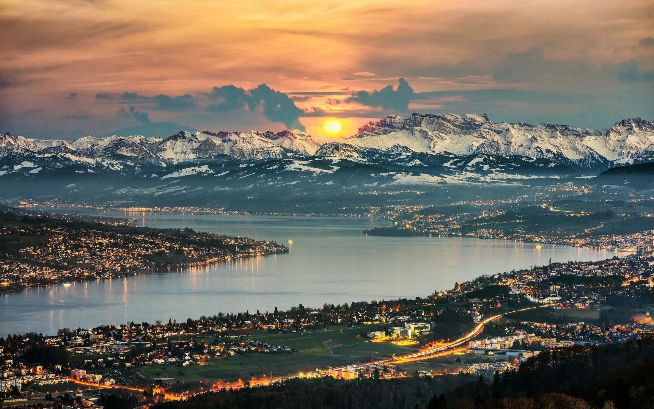 2200x1380 nature, landscape, lake, Zurich, Switzerland, mountain, snowy peak, Desktop