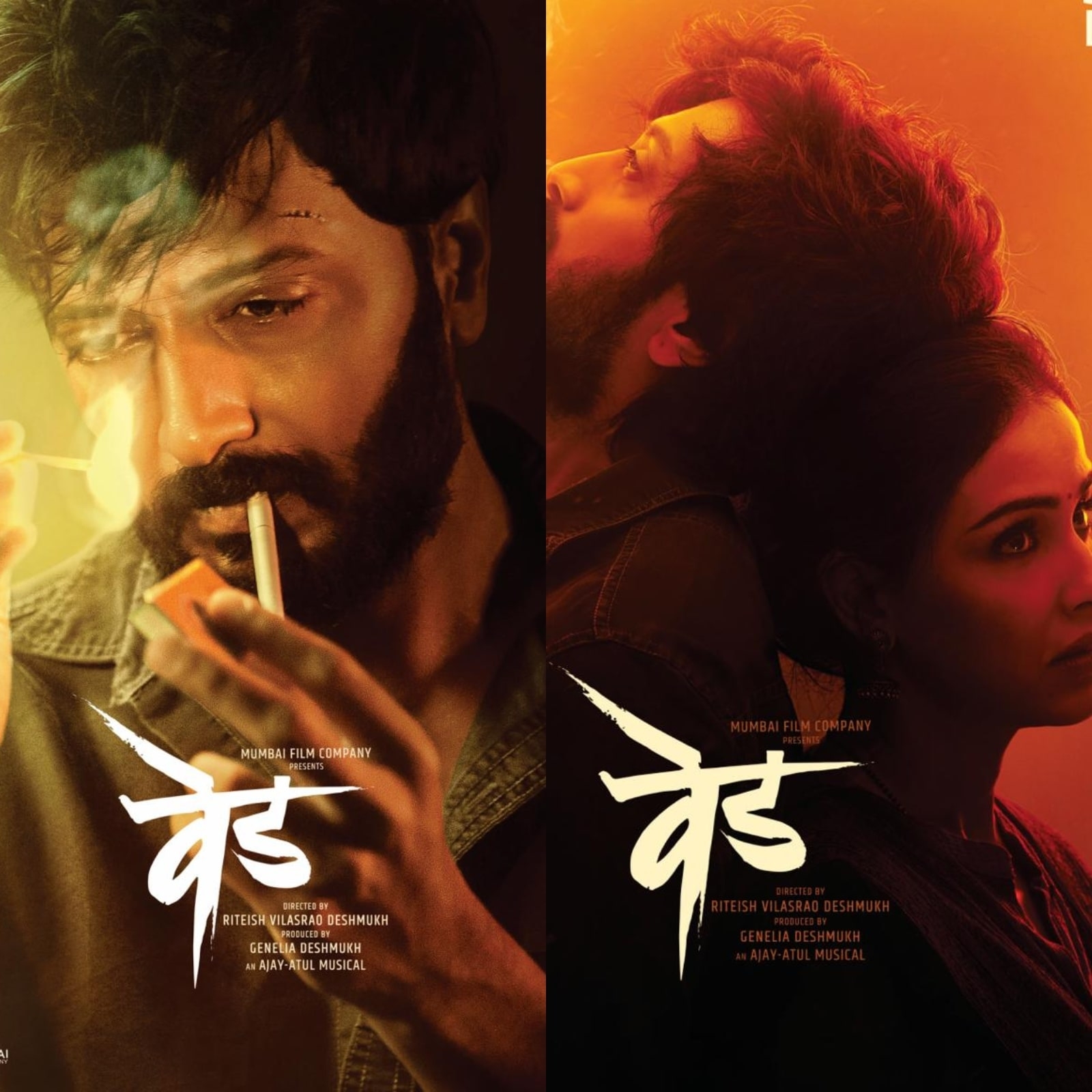 1600x1600 Bruised Riteish Deshmukh Lights Cigarette in First Posters of Ved; Genelia Deshmukh Looks Intense, Phone