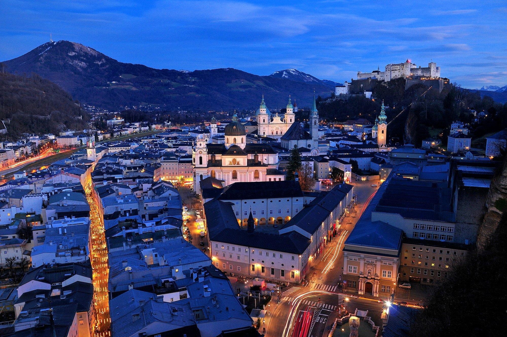 2000x1330 wallpaper salzburg, austria, night, top view, streets, buildings HD, Desktop