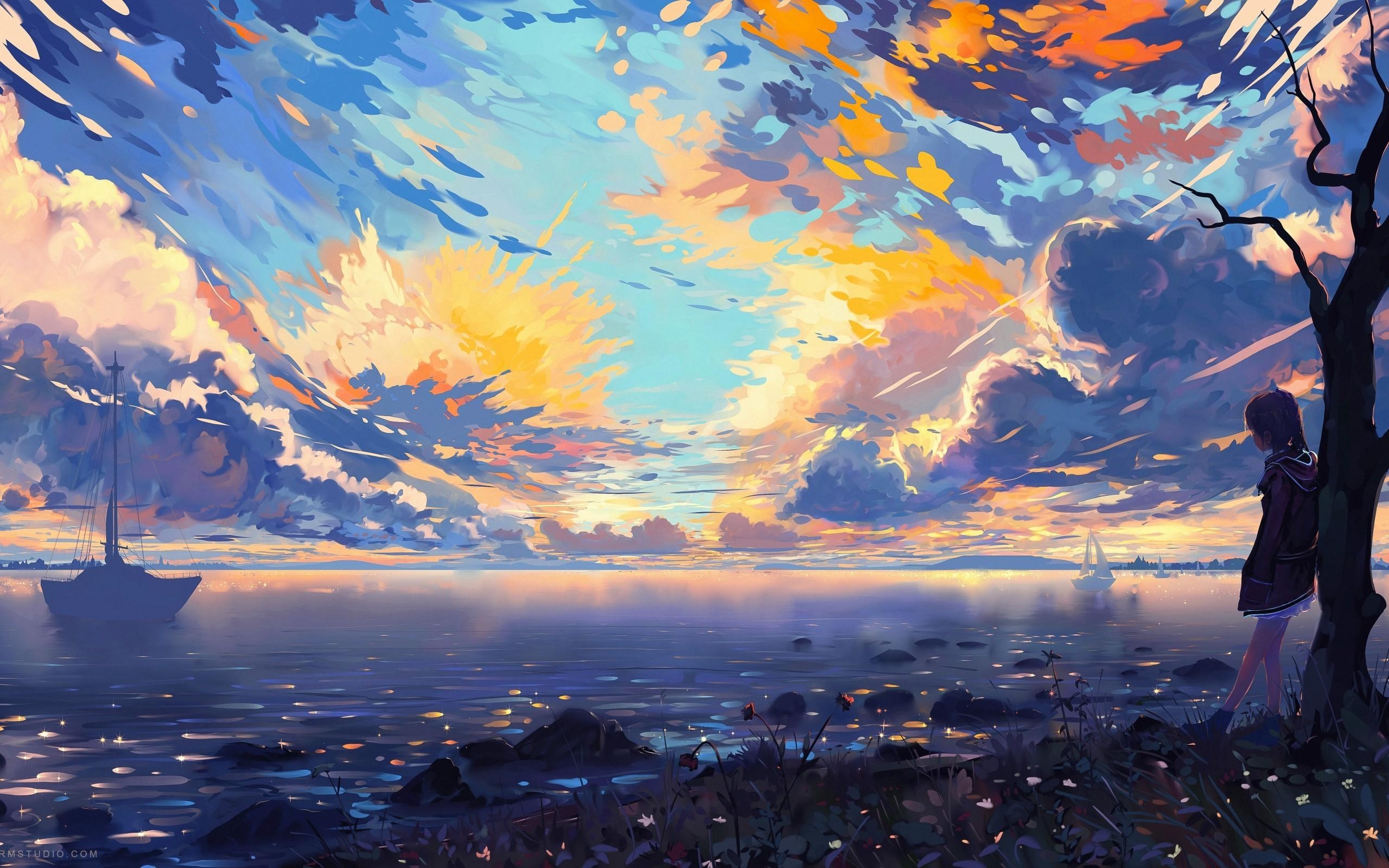 2560x1600 Download  Anime Landscape, Sea, Ships, Colorful, Clouds, Desktop