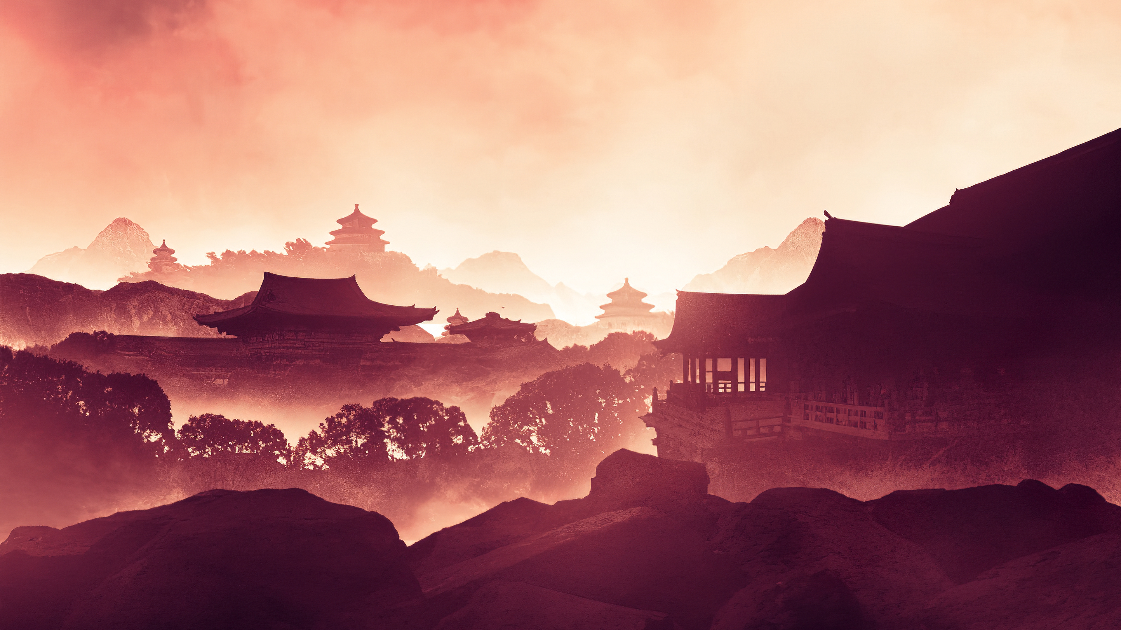 3840x2160 Wallpaper, digital art, artwork, illustration, Japan, Asian architecture, landscape, nature, trees, dusk, mist, sky, mountains, rocks, outdoors, Desktop