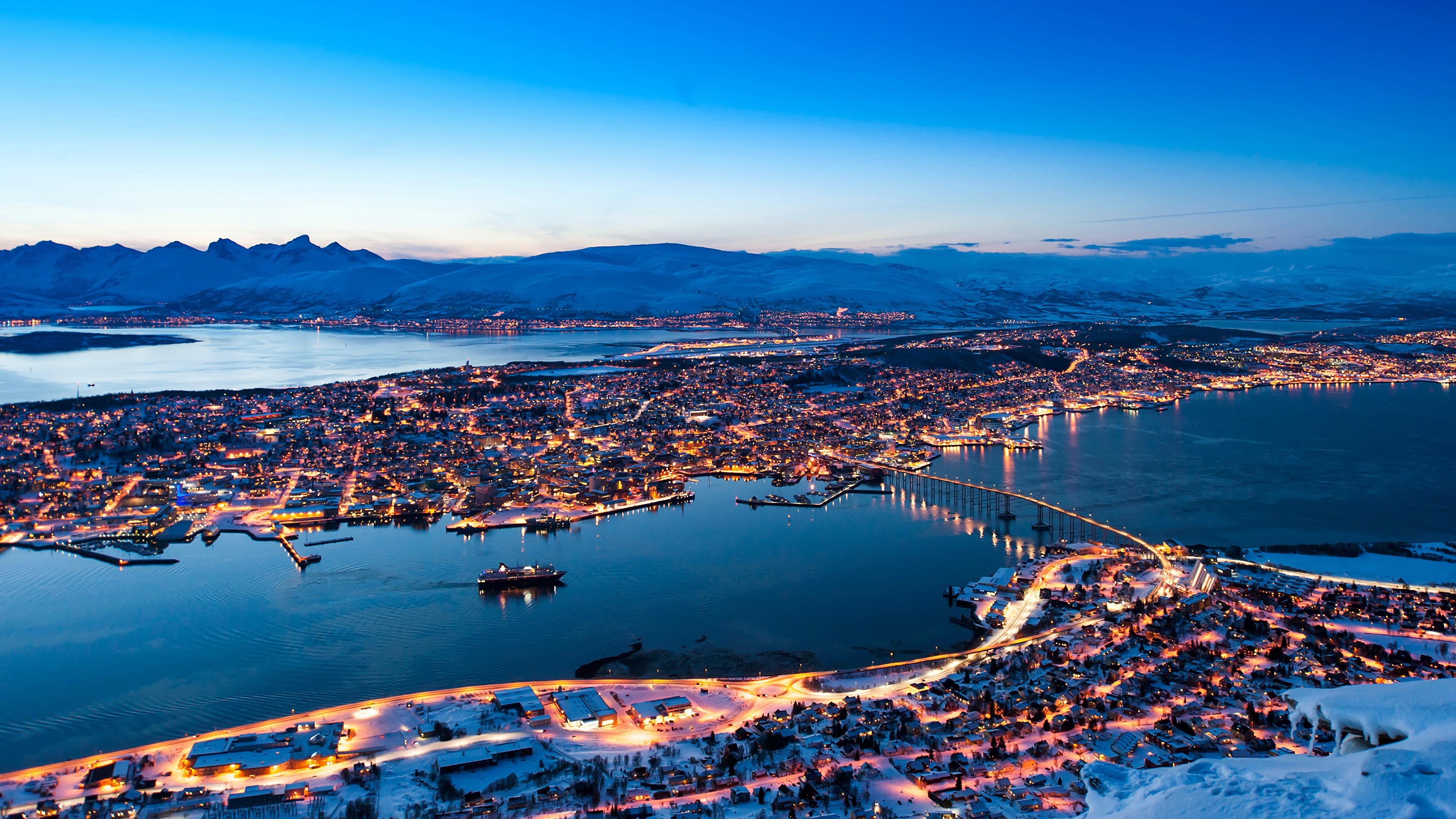 3840x2160 image Norway Tromso Rivers night time Cities Building, Desktop