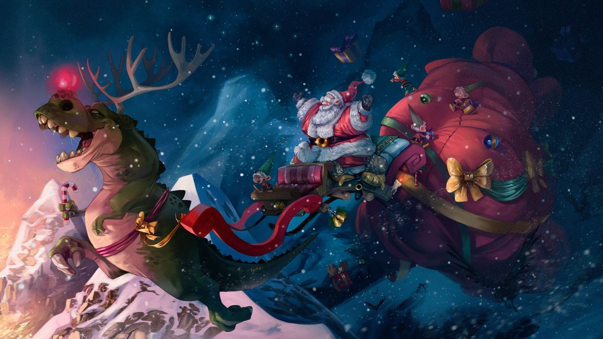 1920x1080 Wallpaper: Christmas, Dinosaur, Santa, Tyrannosaurus Rex, Desktop