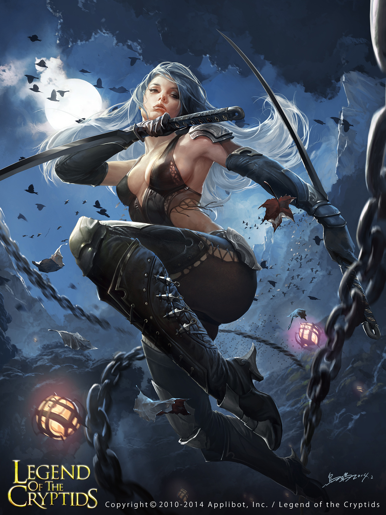 1280x1710 Wallpaper, Legend of the Cryptids, warrior, sword, bats, chains, night, Moon, dark, fantasy art, fantasy girl, digital art, artwork, Phone