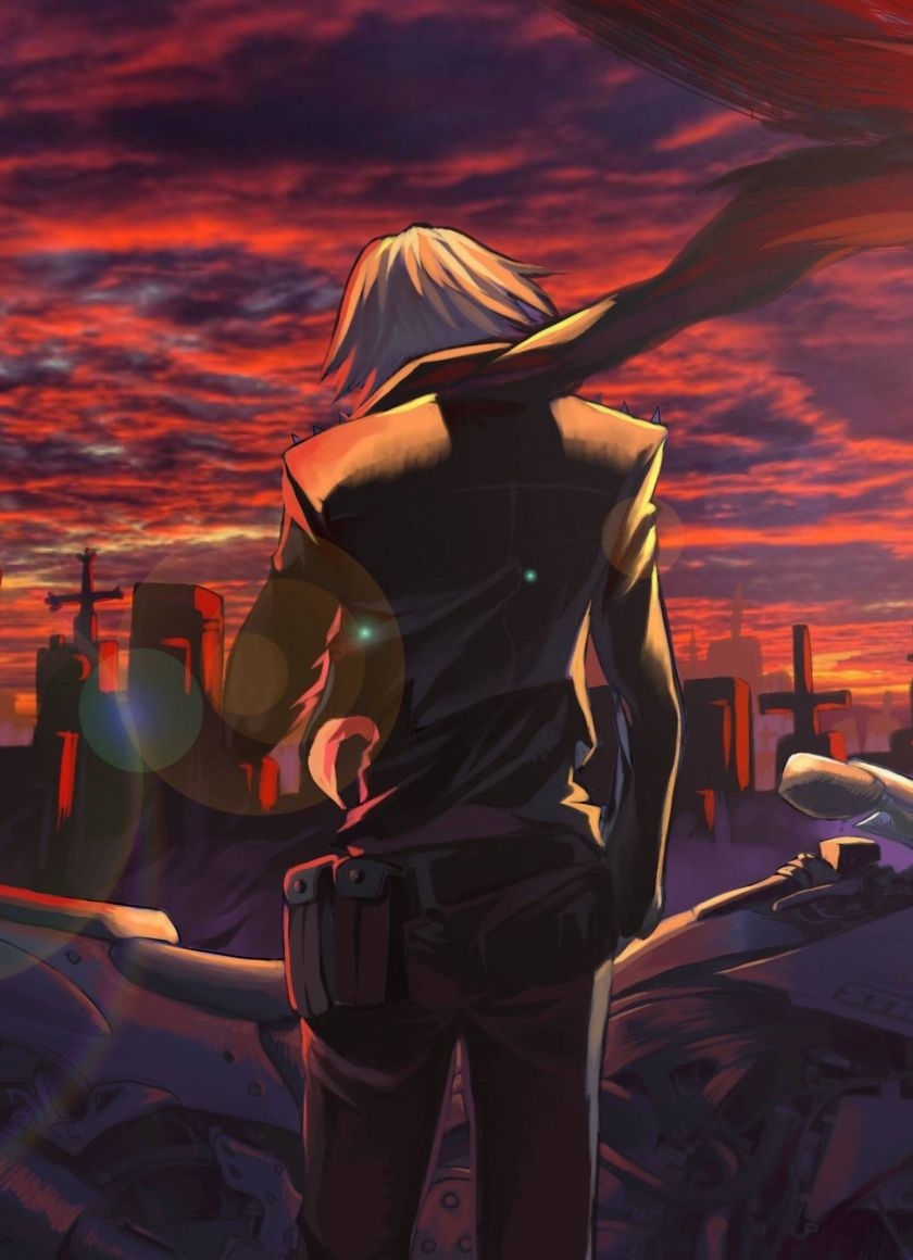 840x1160 Download  wallpaper anime boy, bike, sunset, graveyard, Phone