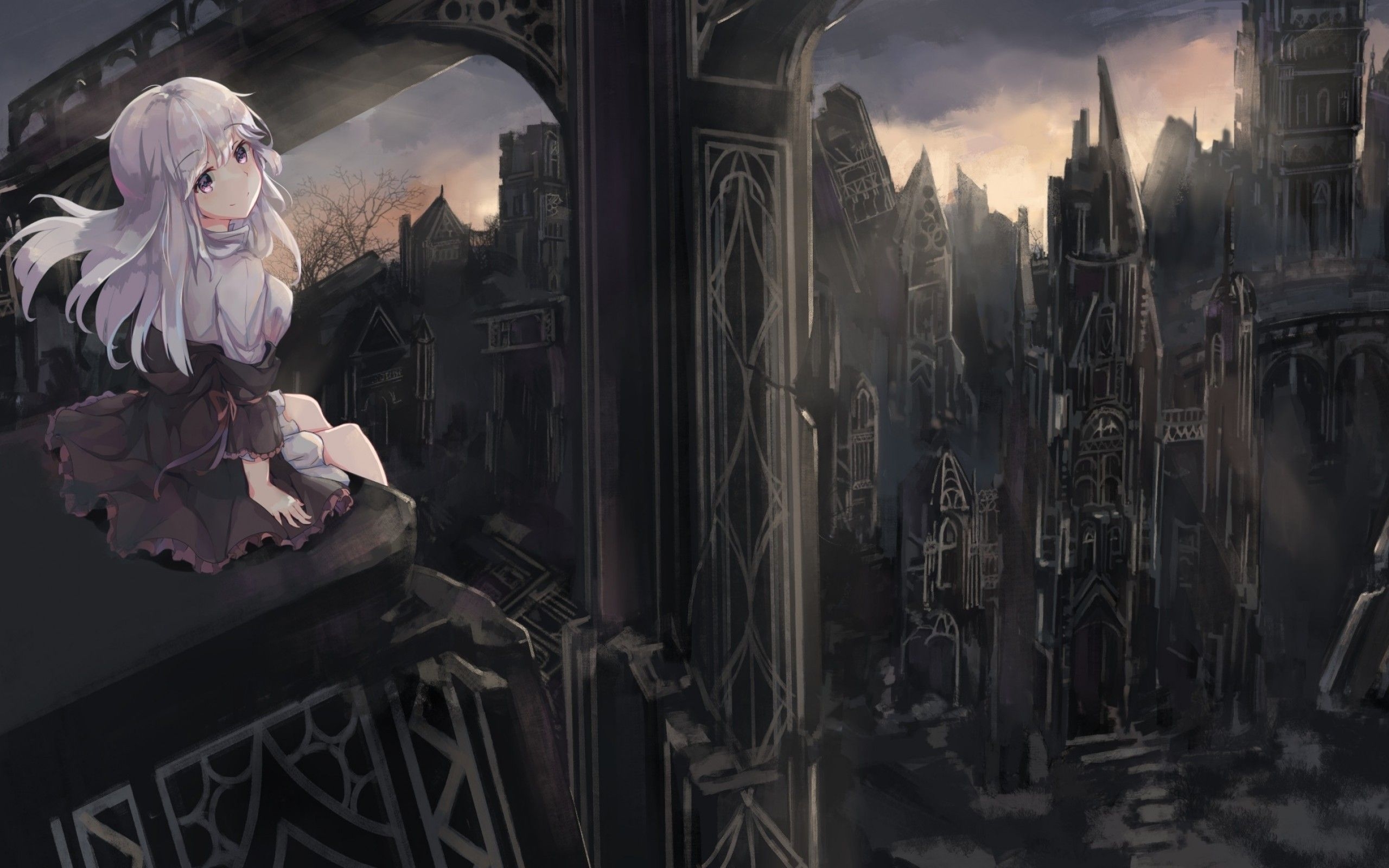 2560x1600 Download  Gothic Anime Girl, Dark World, White Hair, Smiling Wallpaper for MacBook Pro 13 inch, Desktop