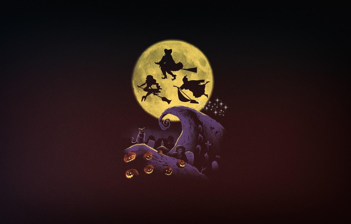 1340x850 Wallpaper Minimalism, The moon, Halloween, Art, Witches, Desktop