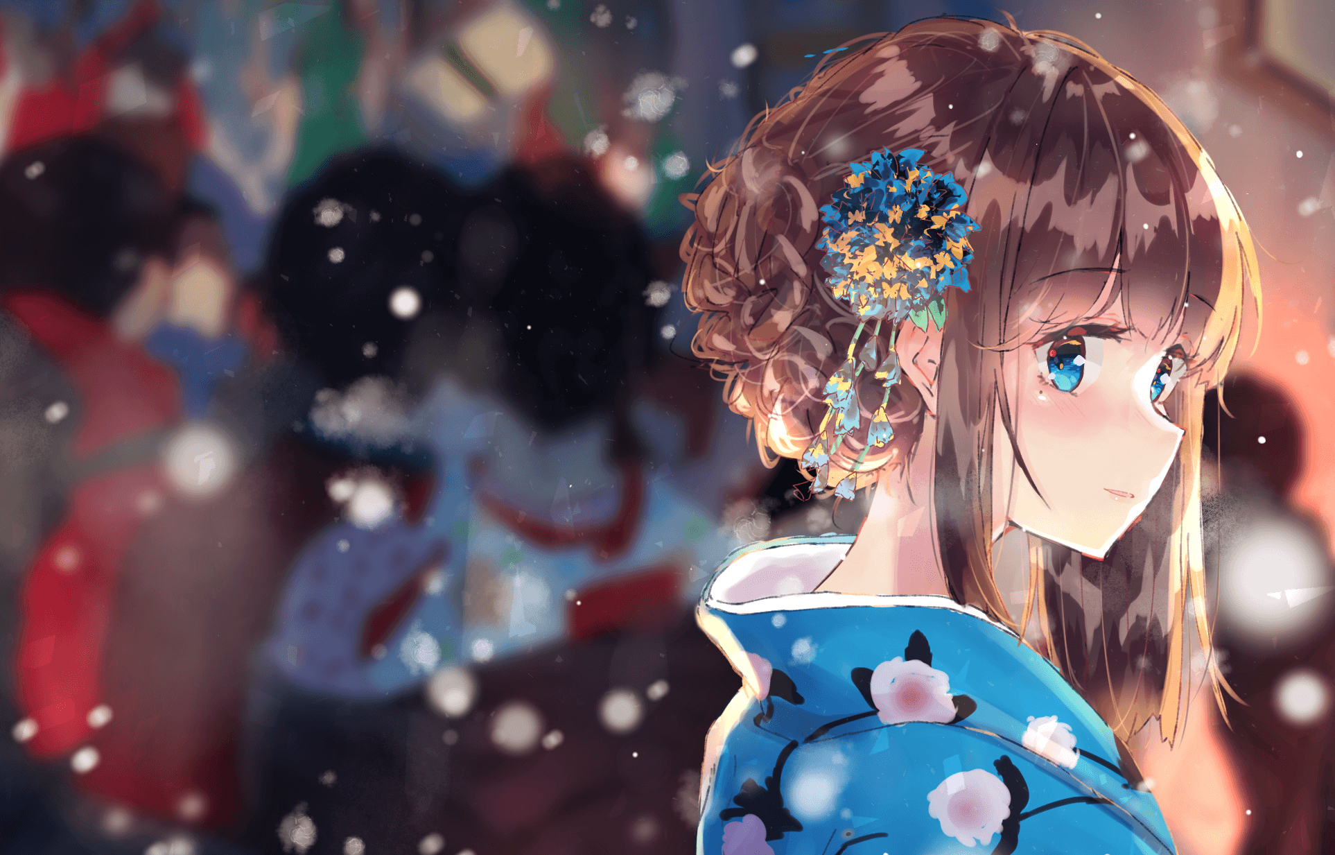 1930x1240 Brown Hair, Anime, Cute, Blue Eyes, Girl, Smile, Kimono, Desktop