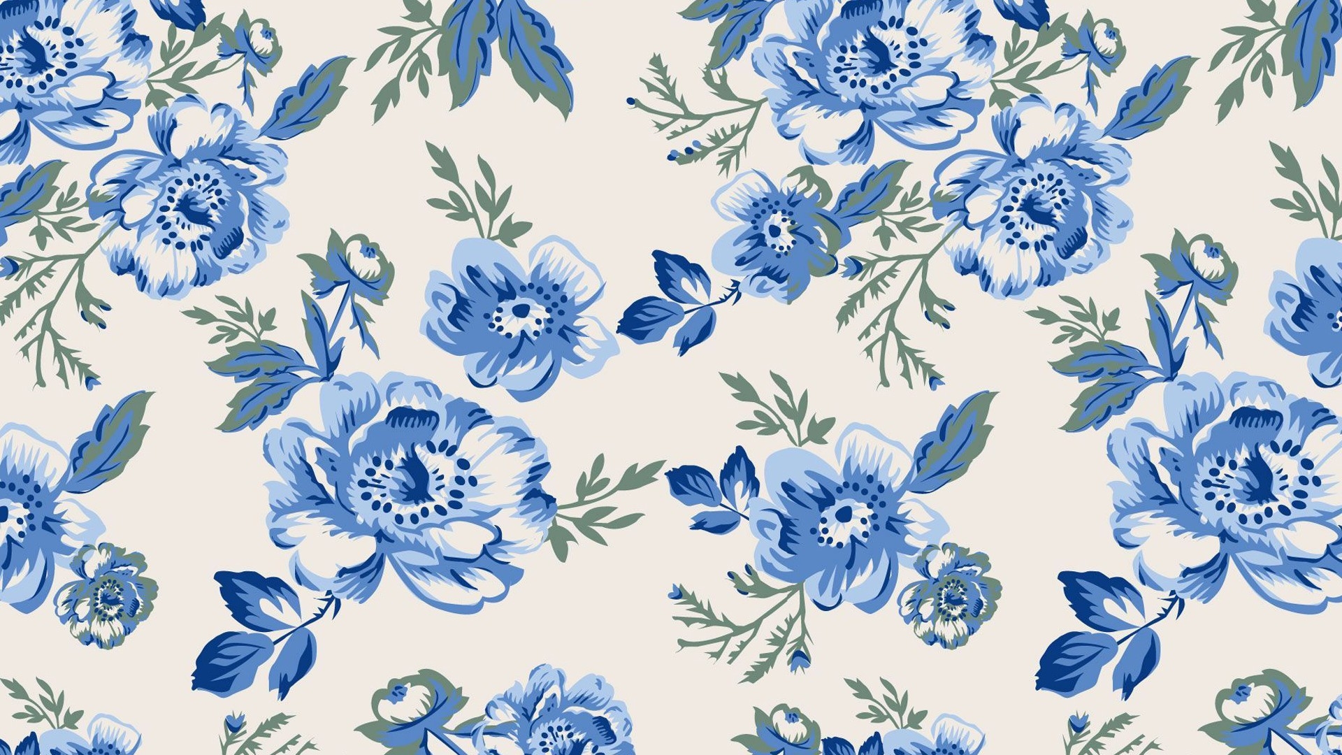 1920x1080 Blue Flowers Green Leaves White Background HD Preppy Wallpaper, Desktop