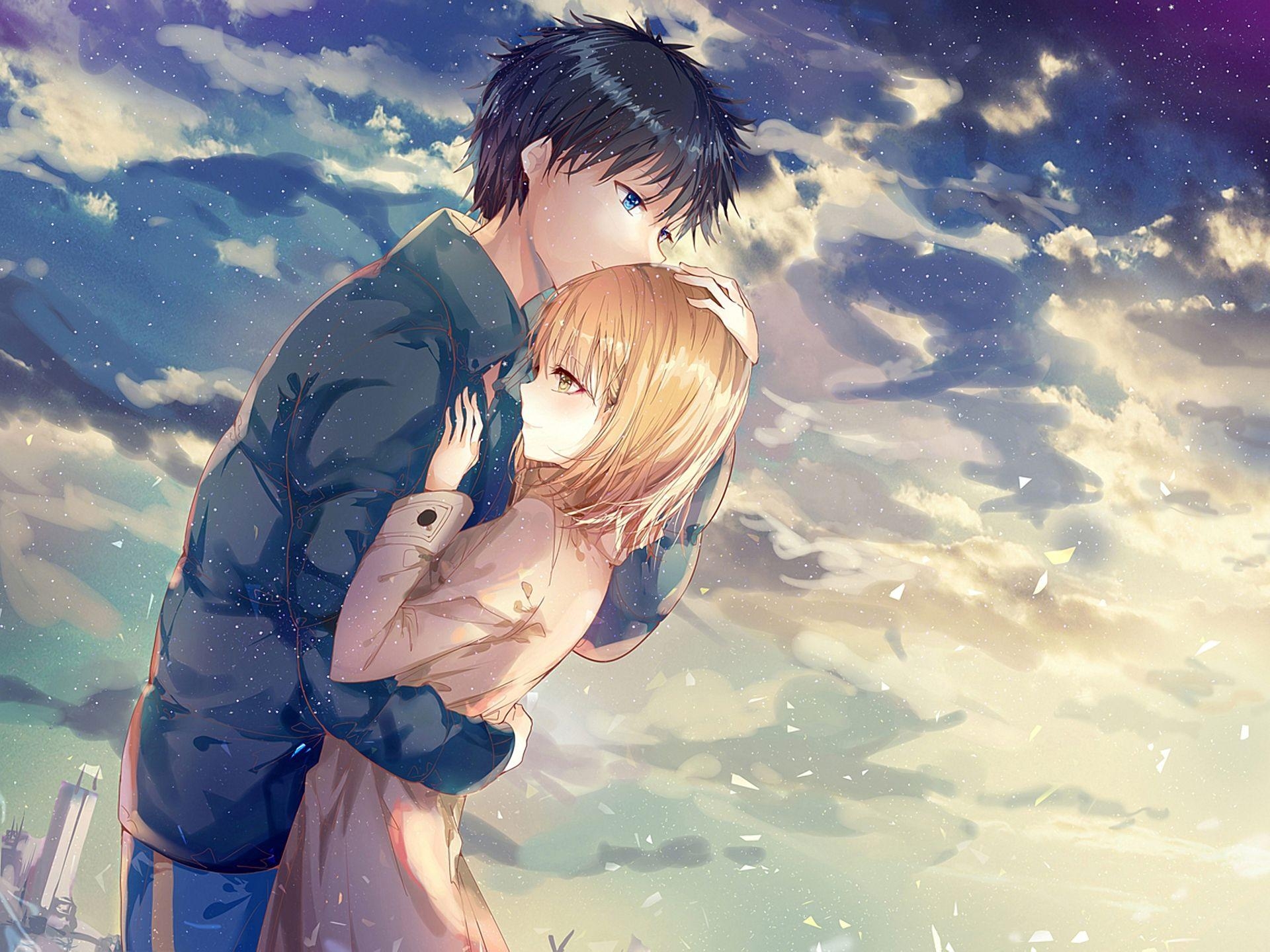 1920x1440 Wallpaper Anime Couple, Hug, Romance, Clouds, Scenic, Desktop