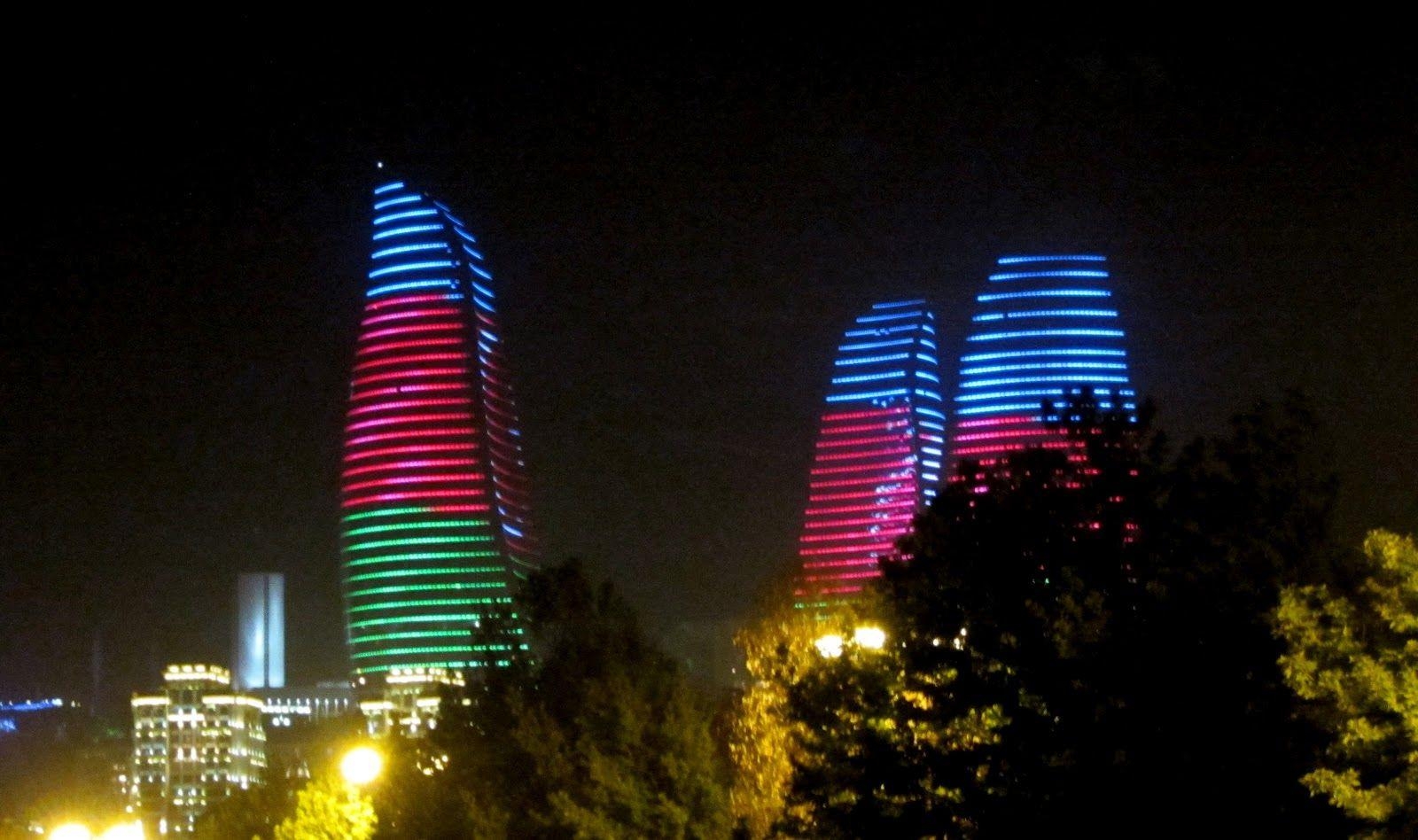 1600x950 Flame Towers skyscraper. The 'flames' of Baku lights up, Desktop