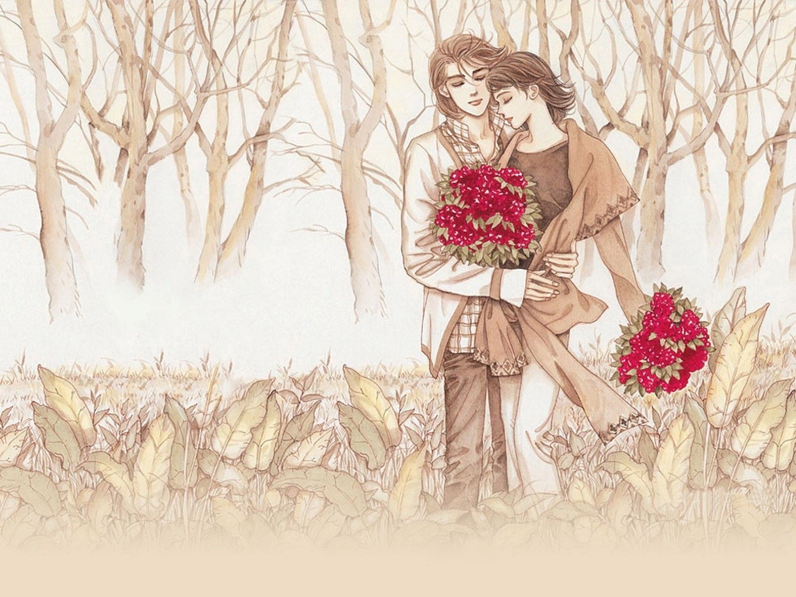 1600x1200 Romantic Couple Drawing With Red Flower Wallpaper, Desktop