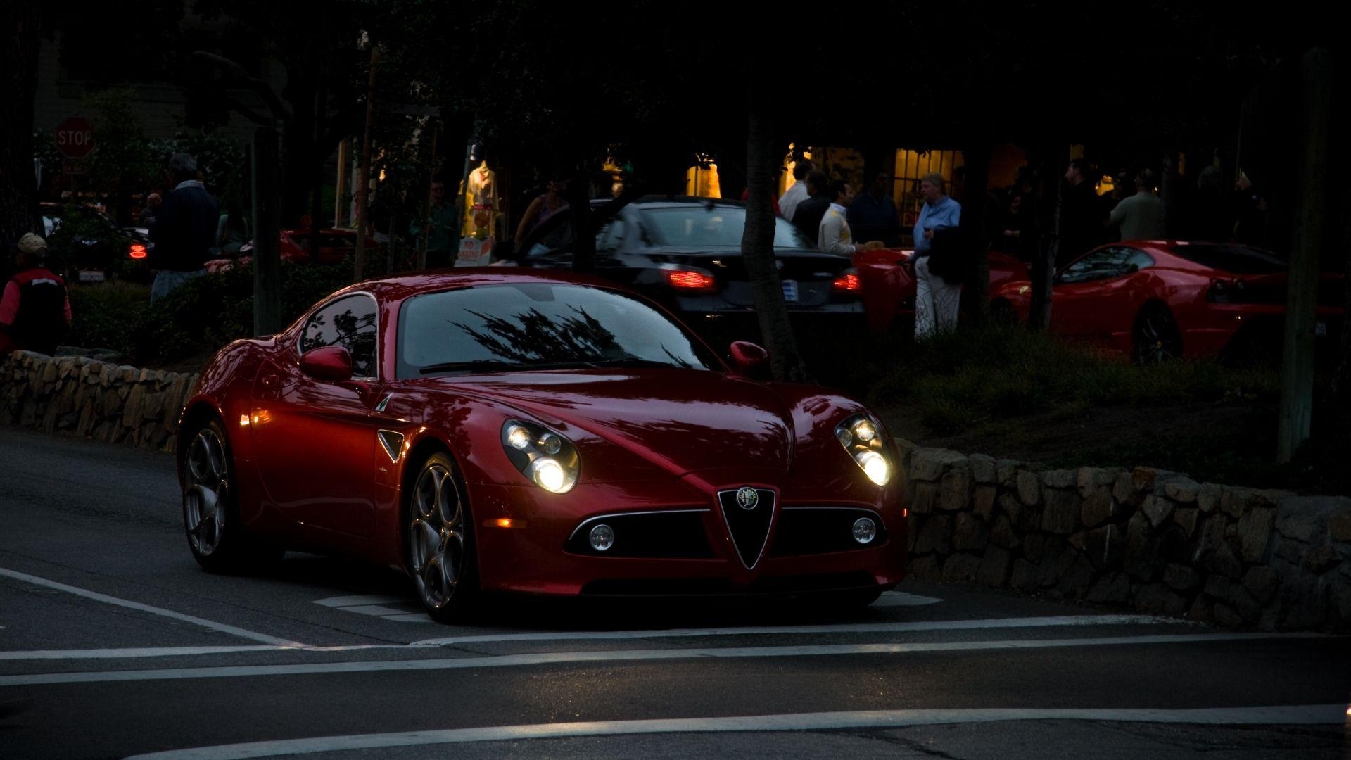 1920x1080 Alfa Romeo Cars, Alfa Romeo 8c Red Color In Night Headlights On 4k, Desktop