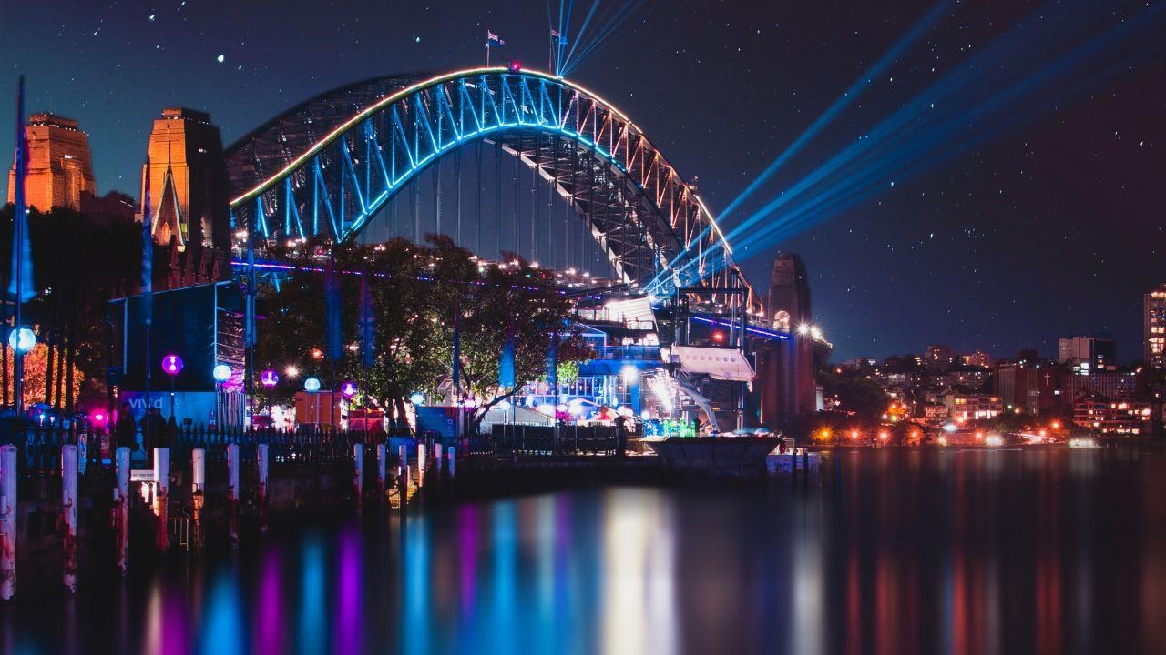 1280x720 Wallpaper Sydney Harbour Bridge, Night, Reflections, Cityscape, Desktop