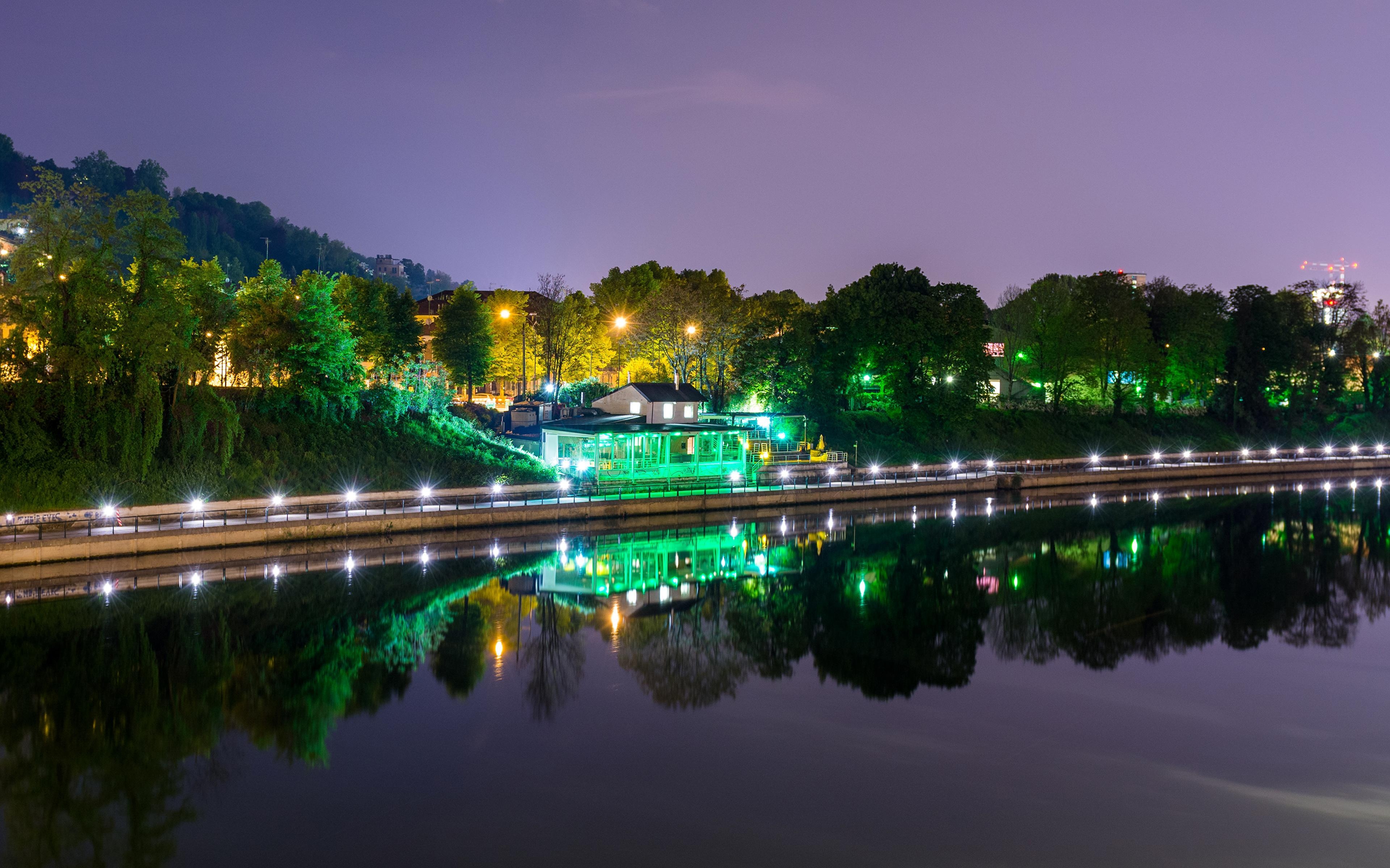 3840x2400 Wallpaper Italy Turin Night Coast Rivers Street lights, Desktop