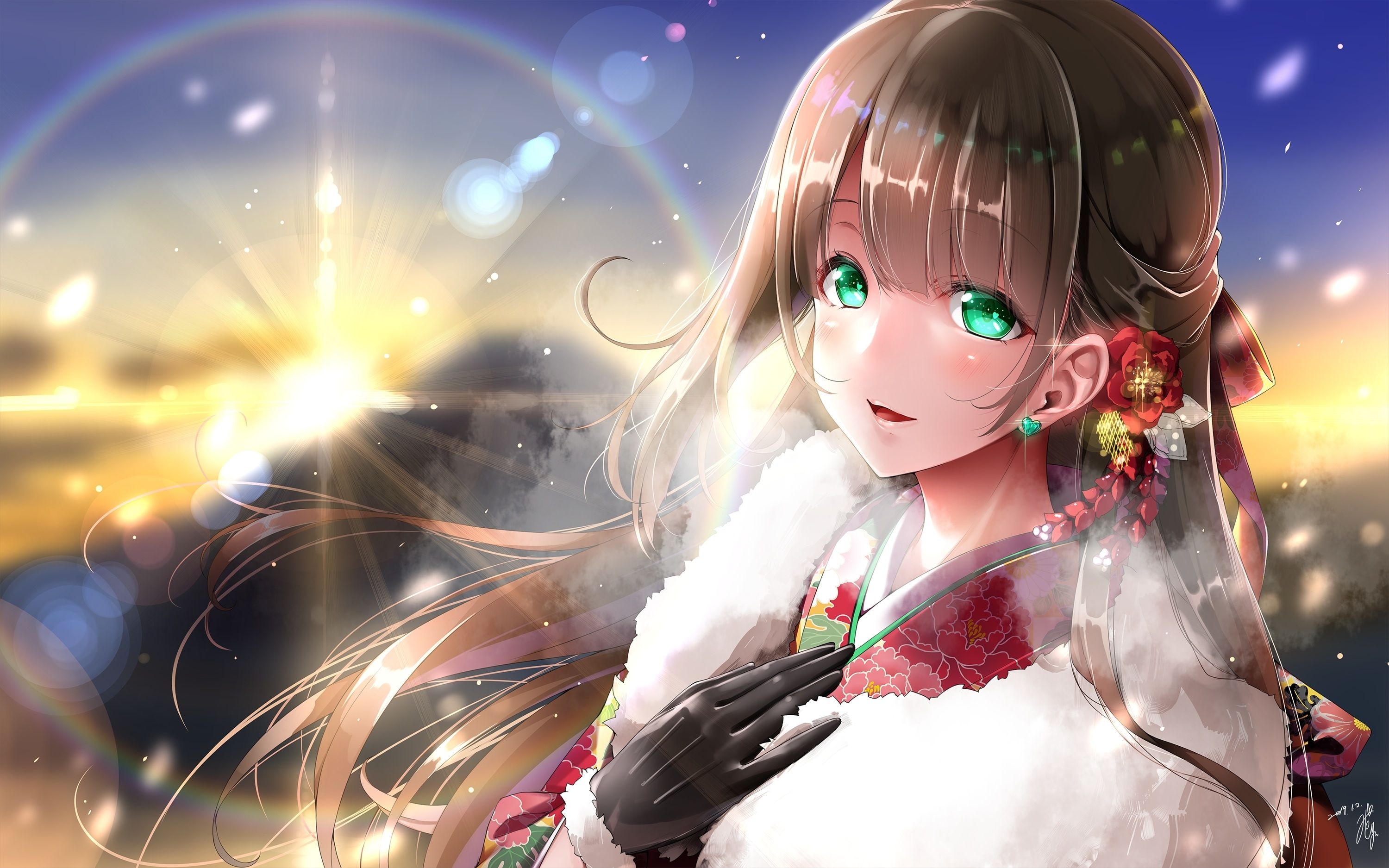 3000x1880 Download  Pretty Anime Girl, Green Eyes, Jewelry, Gloves, Cold, Winter, Sunrise Wallpaper, Desktop