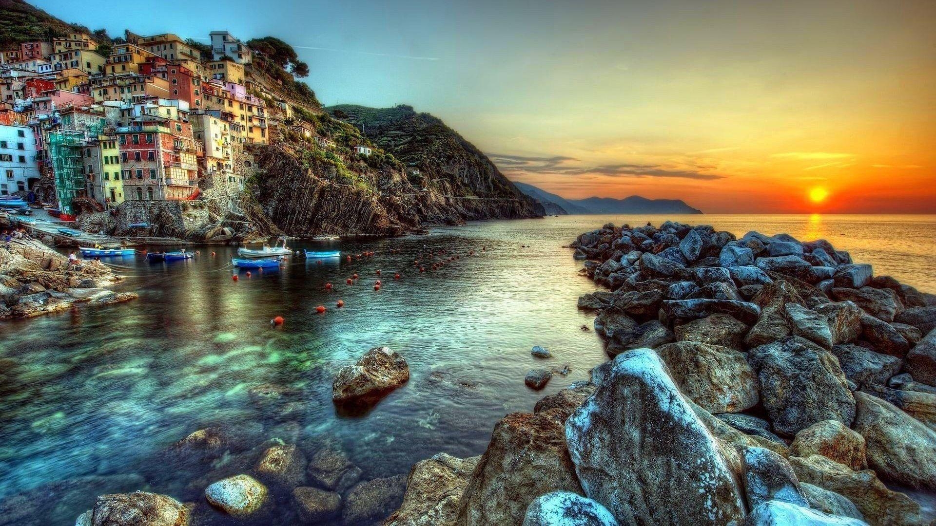 1920x1080 Sunset: Amalfi Coast Houses Cliffs Rocks Italy Sun Sea Sunset, Desktop