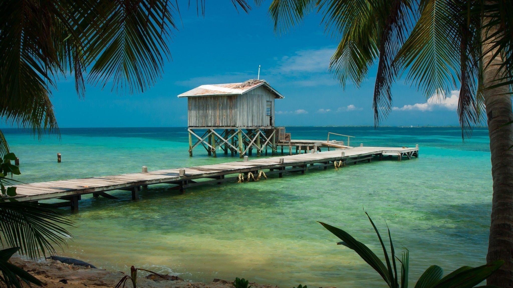 2050x1160 nature, Landscape, Beach, Tropical, Sea, Palm Trees, Dock, Wooden, Desktop