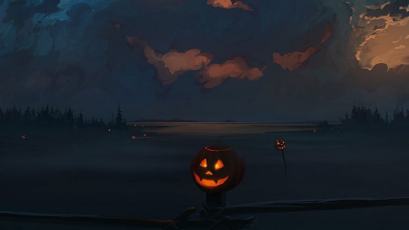 1370x770 Download wallpaper  jack o lantern, pumpkin, halloween, art, clouds tablet, laptop HD background, Desktop