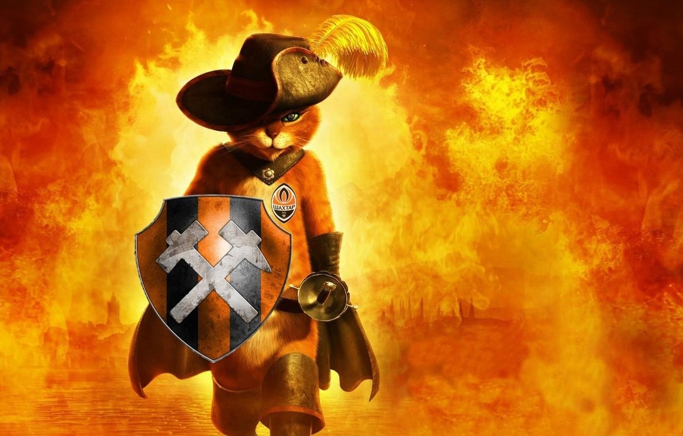 1340x850 Wallpaper fire, shield, Donetsk, Donbass, puss in boots, FC Shakhtar, Desktop