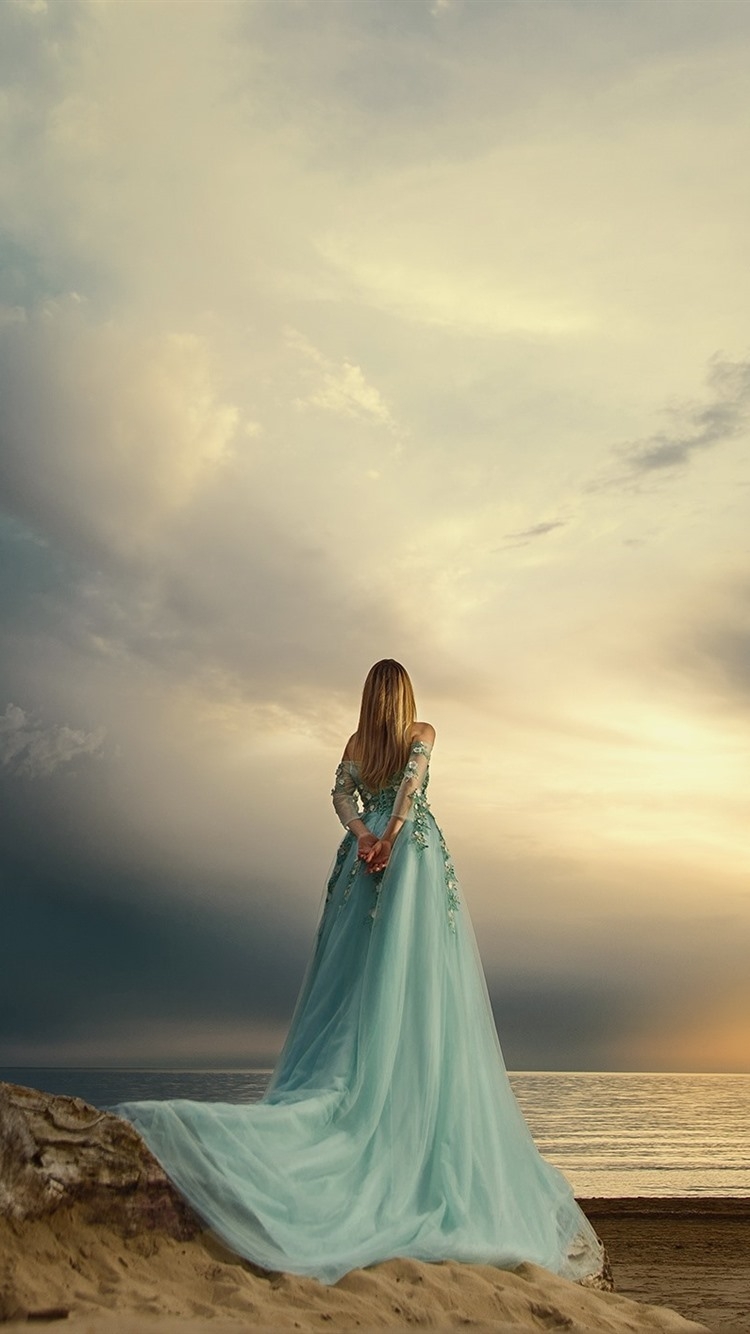 750x1340 Wallpaper Blue skirt girl, back view, sea, boat, dusk 1920x1440 HD Picture, Image, Phone