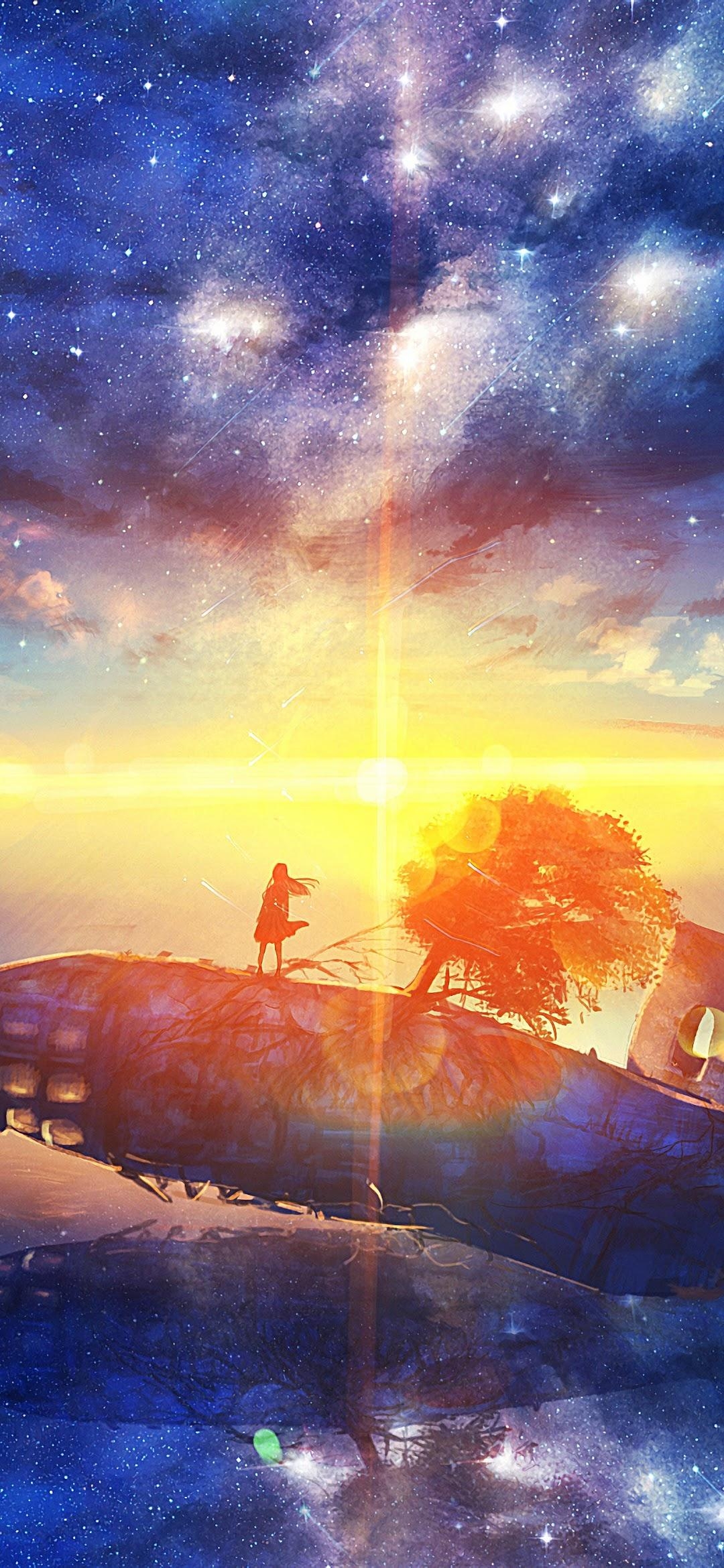 1080x2340 Sunrise Anime Scenery Horizon Stars 4K Wallpaper, Phone