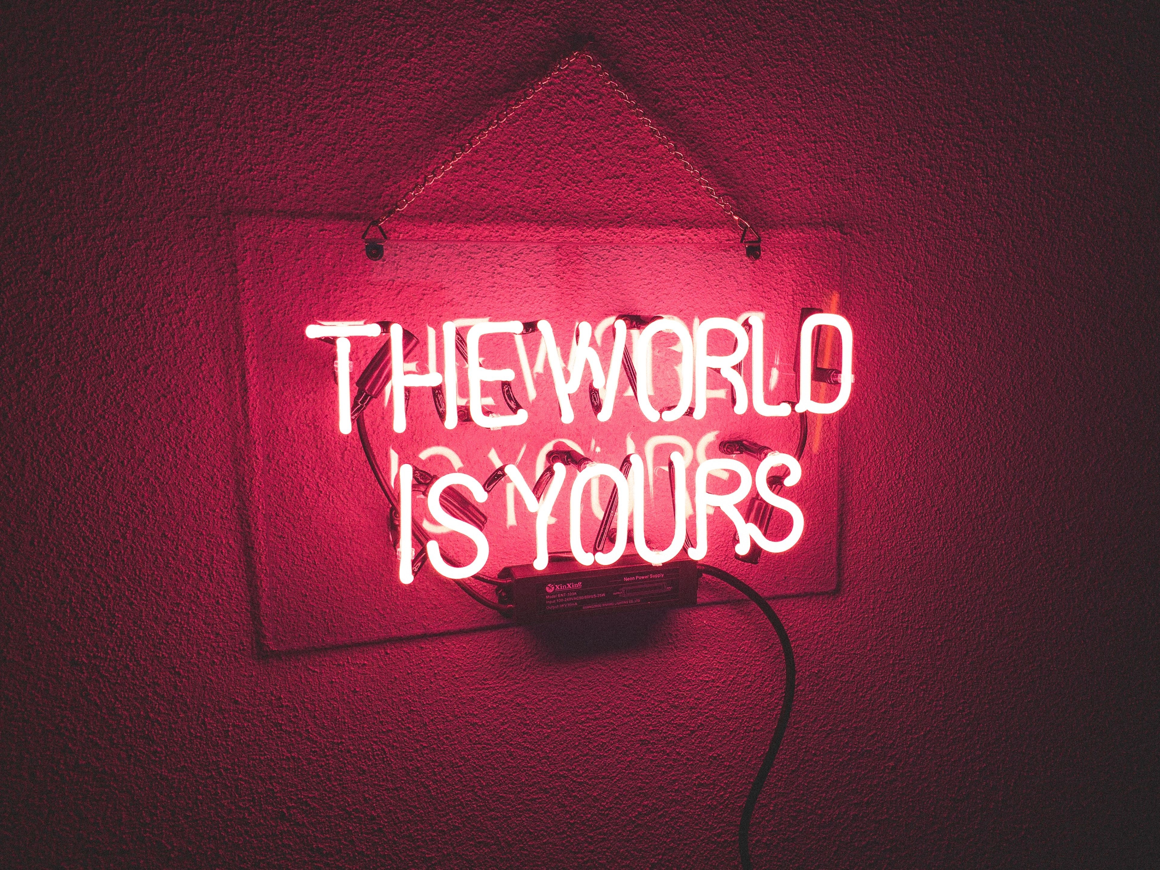 3850x2890 Neonlight 4K Wallpaper, Red background, Neon sign, Glowing, The World is Yours, Quotes, Desktop