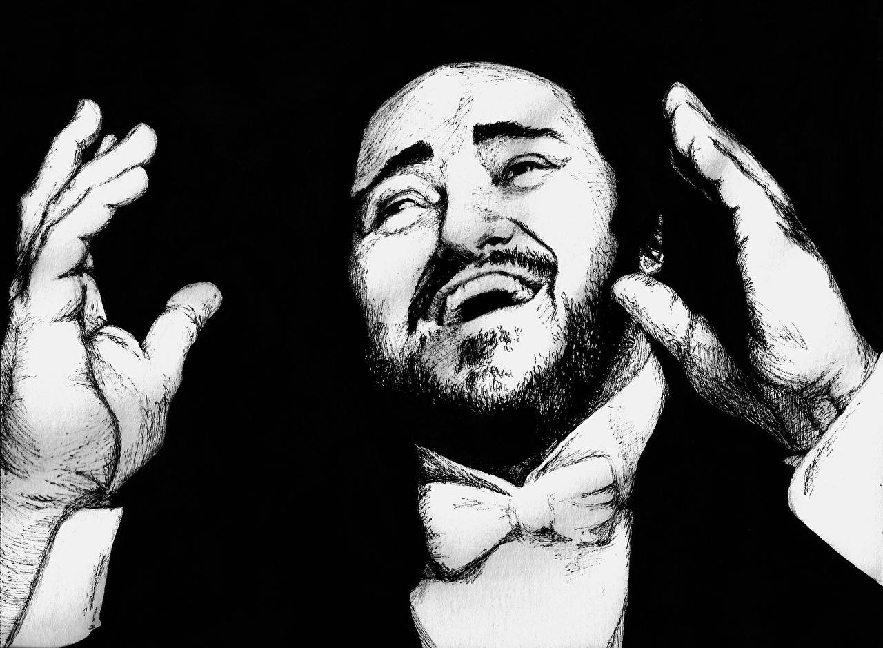 1280x940 Wallpaper Luciano Pavarotti Men Music Black and white Painting Art, Desktop